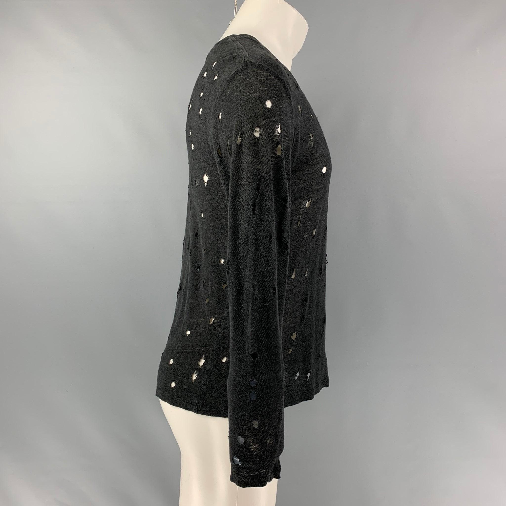 IRO JEANS Marvina long sleeve T-shirt comes in a black partially see through linen jersey featuring a distressed style and crew-neck. Excellent Pre-Owned Condition.  

Marked:   XS 

Measurements: 
 
Shoulder: 21 inches Sleeves:
27 inches Chest: 48