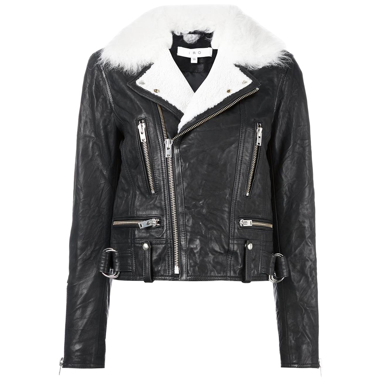 IRO Noemie Shearling Trimmed Textured Leather Biker Jacket