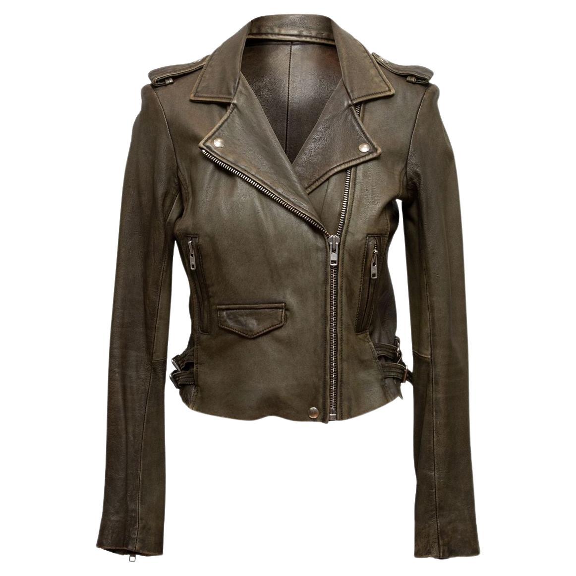 Iro Olive Leather Moto Jacket For Sale at 1stDibs