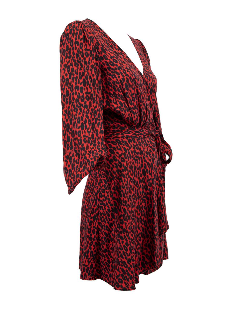 CONDITION is Never worn. No visible wear to dress is evident on this used Iro resale item. 
 
 Details
 Red and Black
 Rayon
 Wrap dress
 Leopard print
 Long bishop sleeves
 V neckline
 Mini length
 Hook and eye on chest
 Button on waistline
 Tie