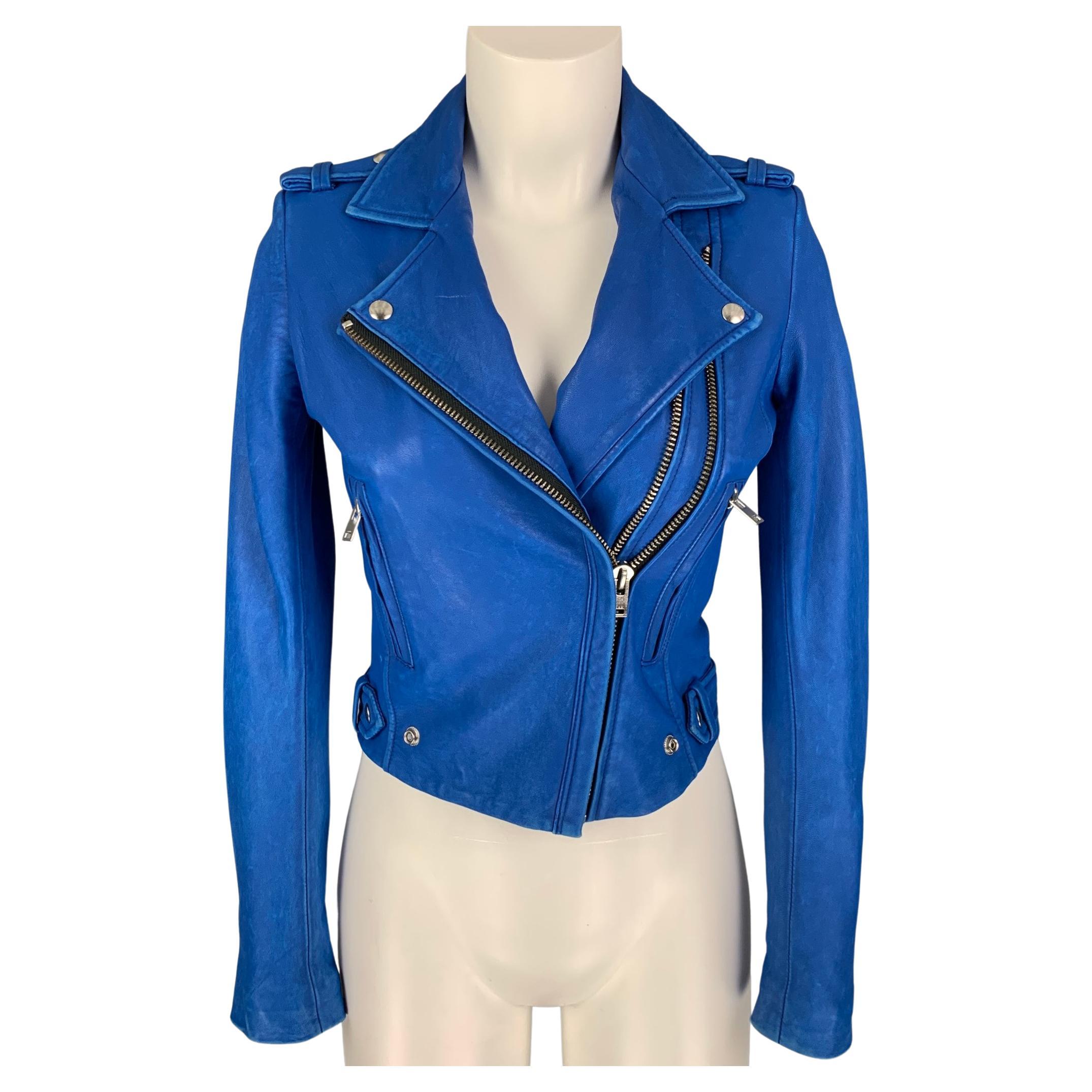 IRO Size 0 Blue Leather Lamb Skin Motorcycle Jacket