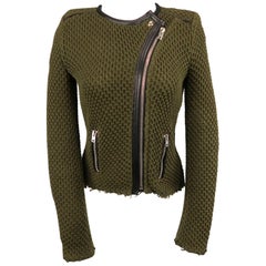 IRO Size 0 Olive Cotton Knit Leather Trim Miali Biker Jacket