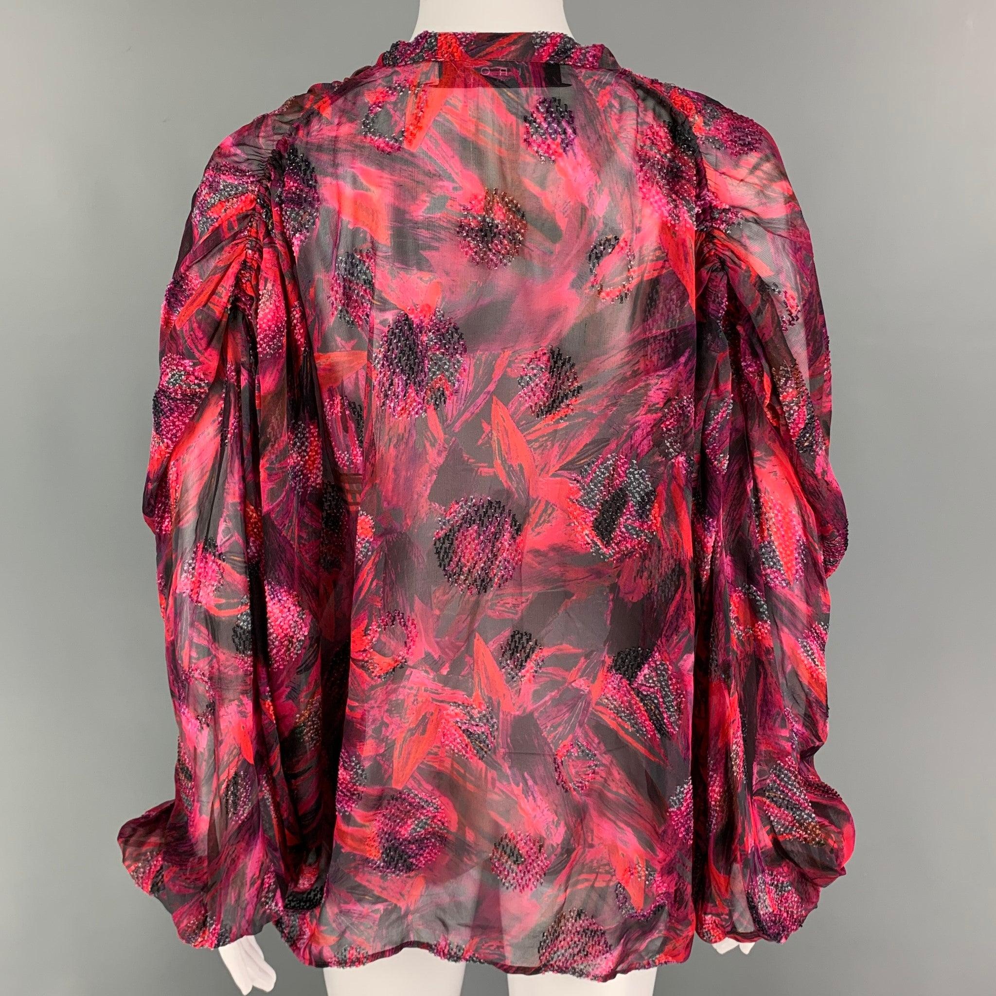 Women's IRO Size 0 Red Black Silk Viscose Textured Oversized Casual Top For Sale