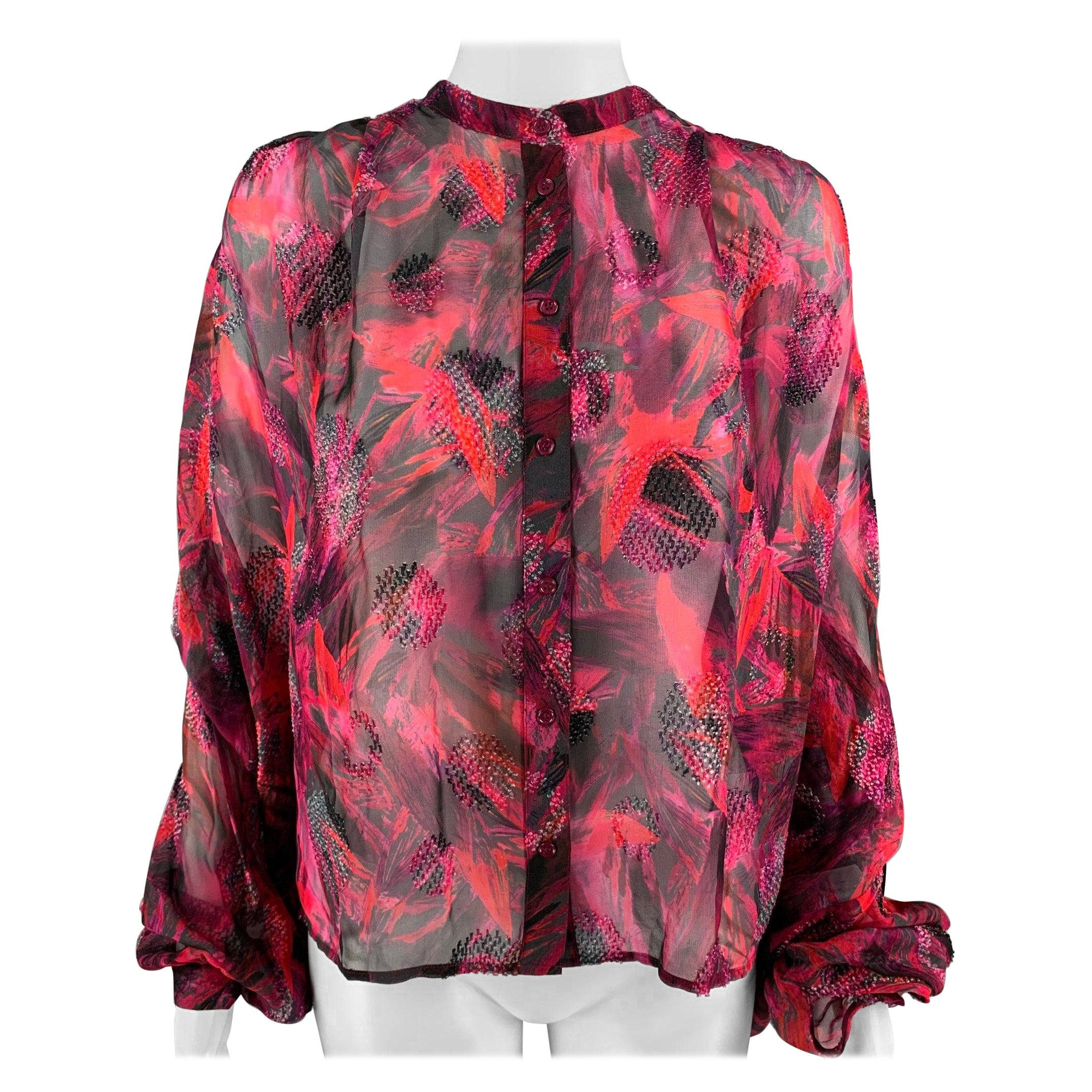 IRO Size 0 Red Black Silk Viscose Textured Oversized Casual Top