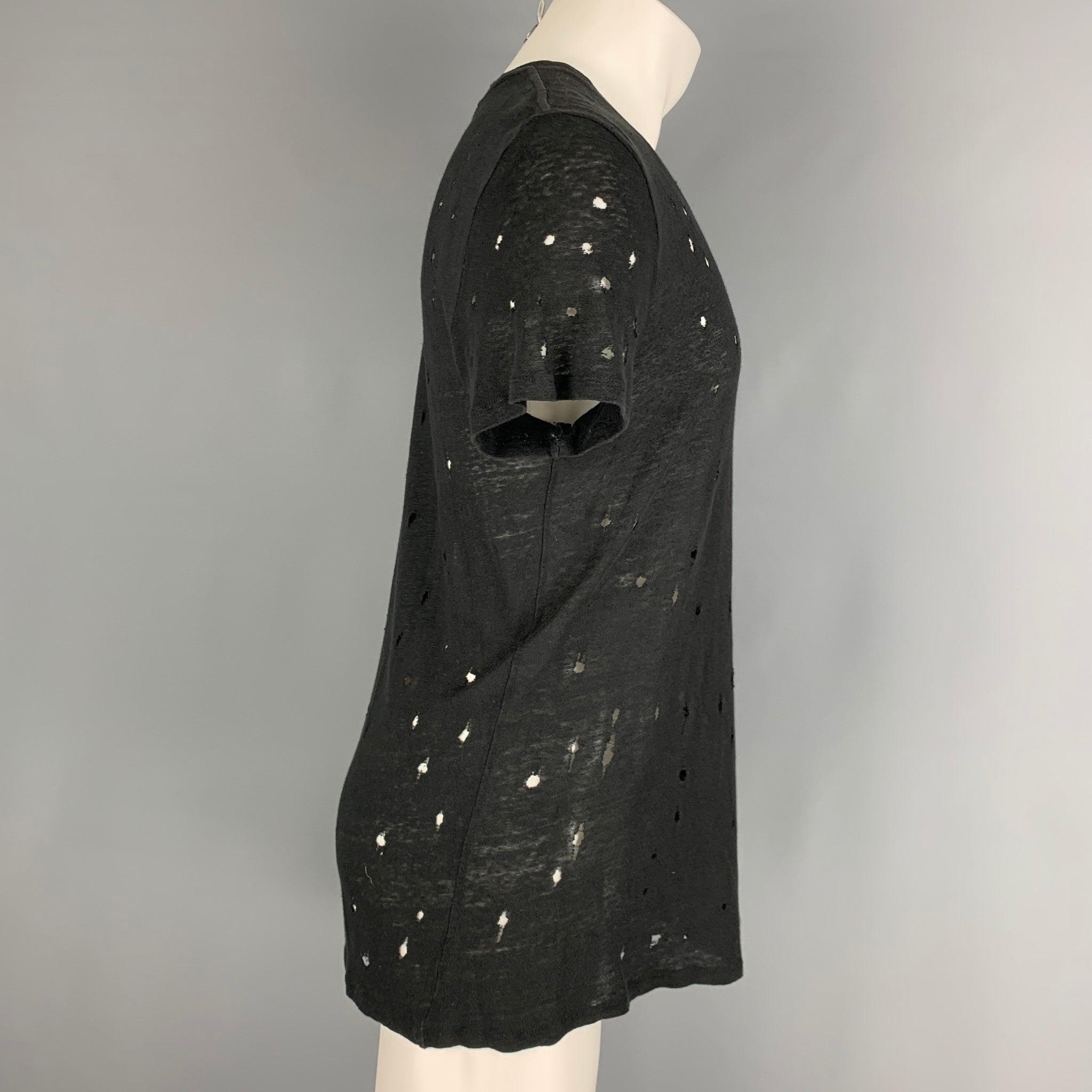 IRO 'Clay' t-shirt comes in a black linen featuring distressed details throughout and a crew-neck. Made in Portugal.Very Good Pre-Owned Condition. 

Marked:   S 

Measurements: 
 
Shoulder: 18 inches Chest: 46 inches Sleeve: 8 inches Length: 26.5
