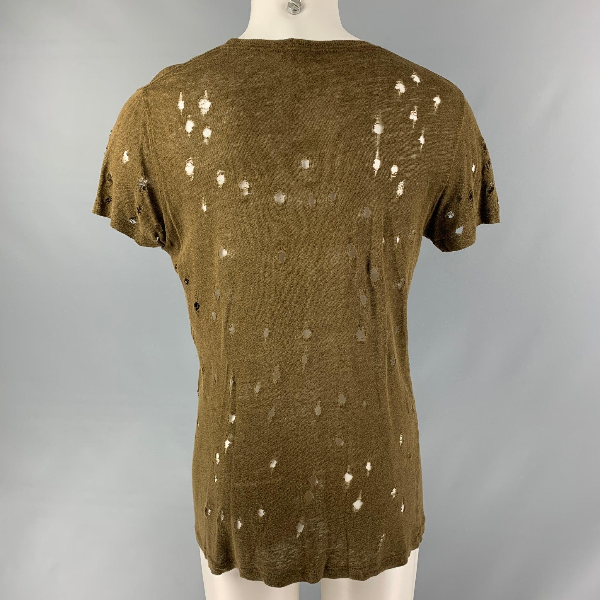 IRO Size S Olive Distressed Linen Crew-Neck T-shirt In Good Condition For Sale In San Francisco, CA