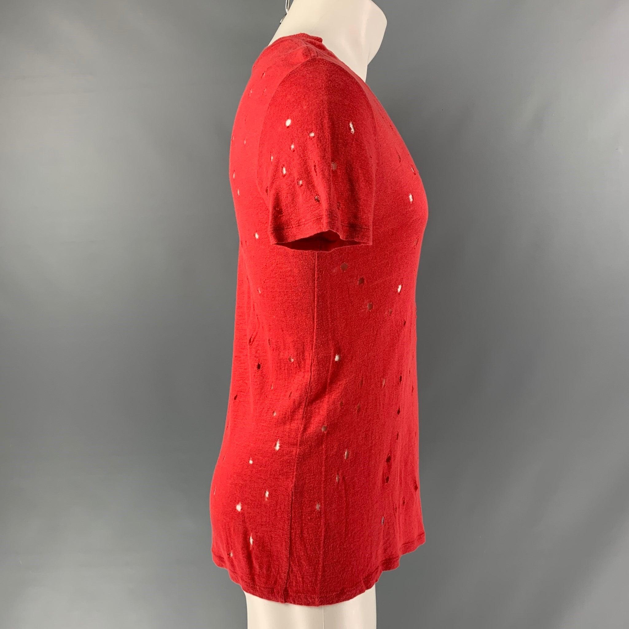 IRO 'Clay' t-shirt comes in a red linen featuring distressed details throughout and a crew-neck. Made in Portugal. Very Good Pre-Owned Condition. 

Marked:   S 

Measurements: 
 
Shoulder: 18 inches Chest: 45 inches Sleeve: 8 inches Length: 26.5