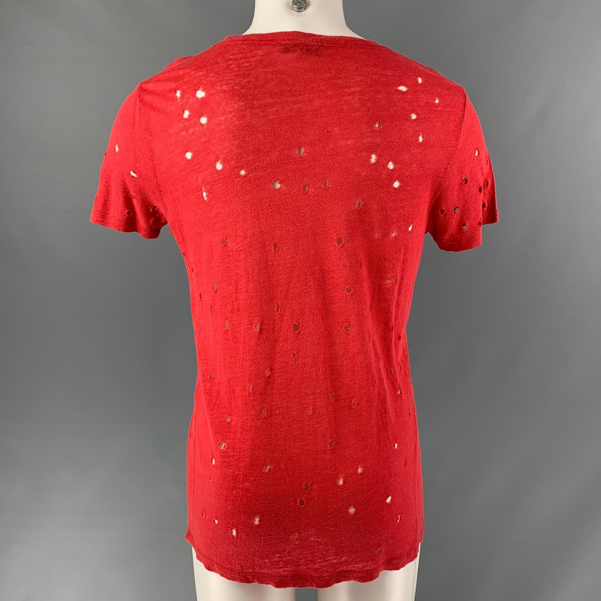 IRO Size S Red Distressed Linen Crew-Neck T-shirt In Good Condition For Sale In San Francisco, CA
