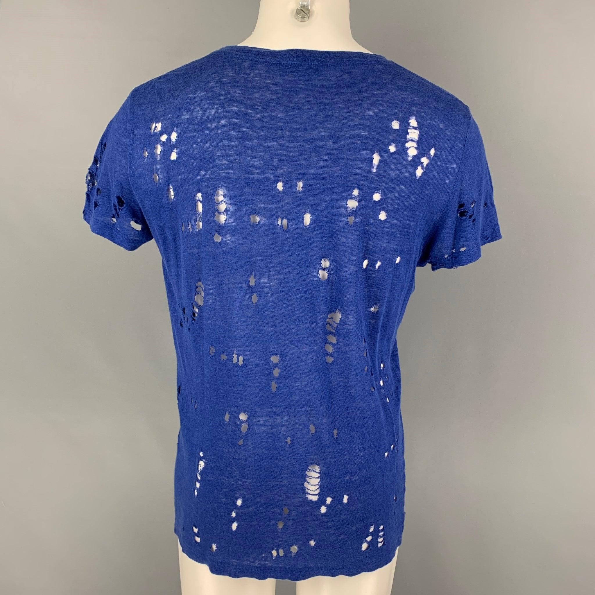 IRO Size S Royal Blue Distressed Linen Crew-Neck Clay T-shirt In Good Condition For Sale In San Francisco, CA
