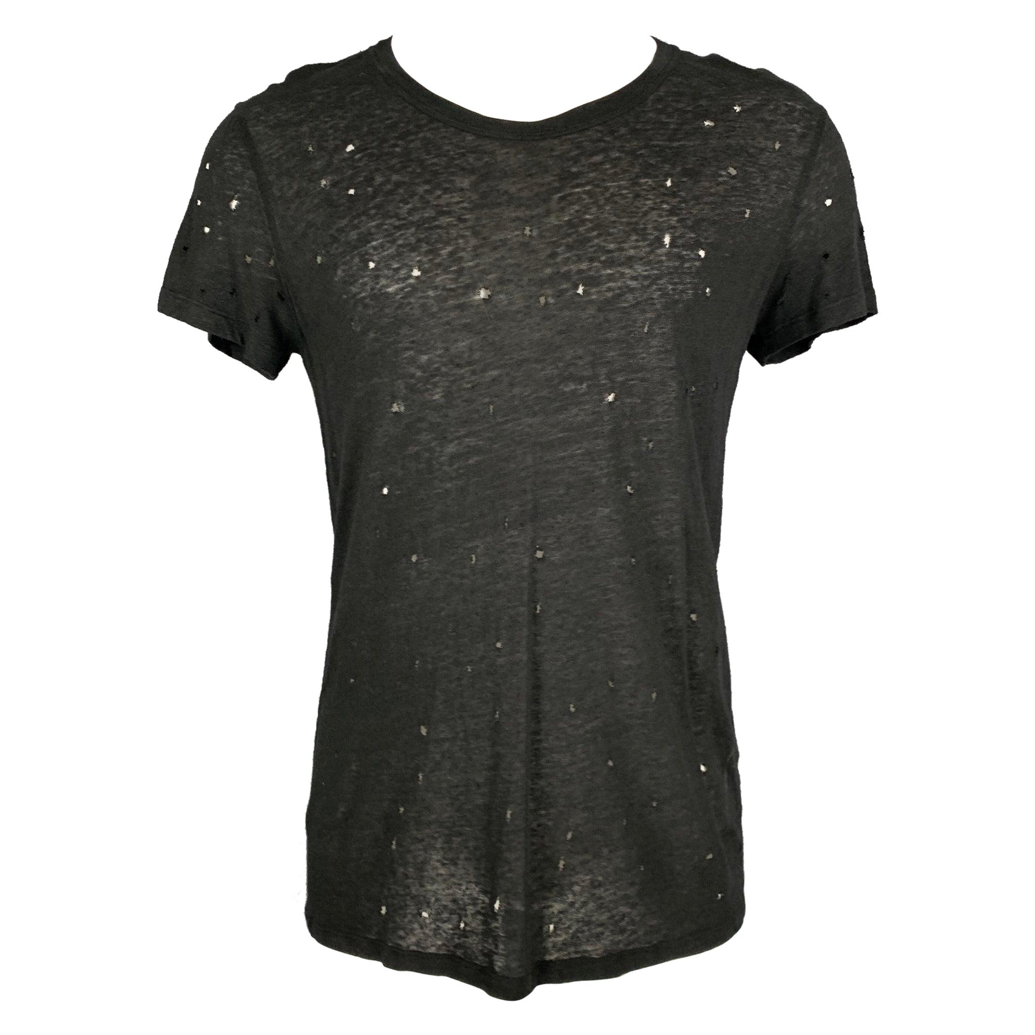 IRO Camiseta de cuello redondo de lino negro apenado talla XS