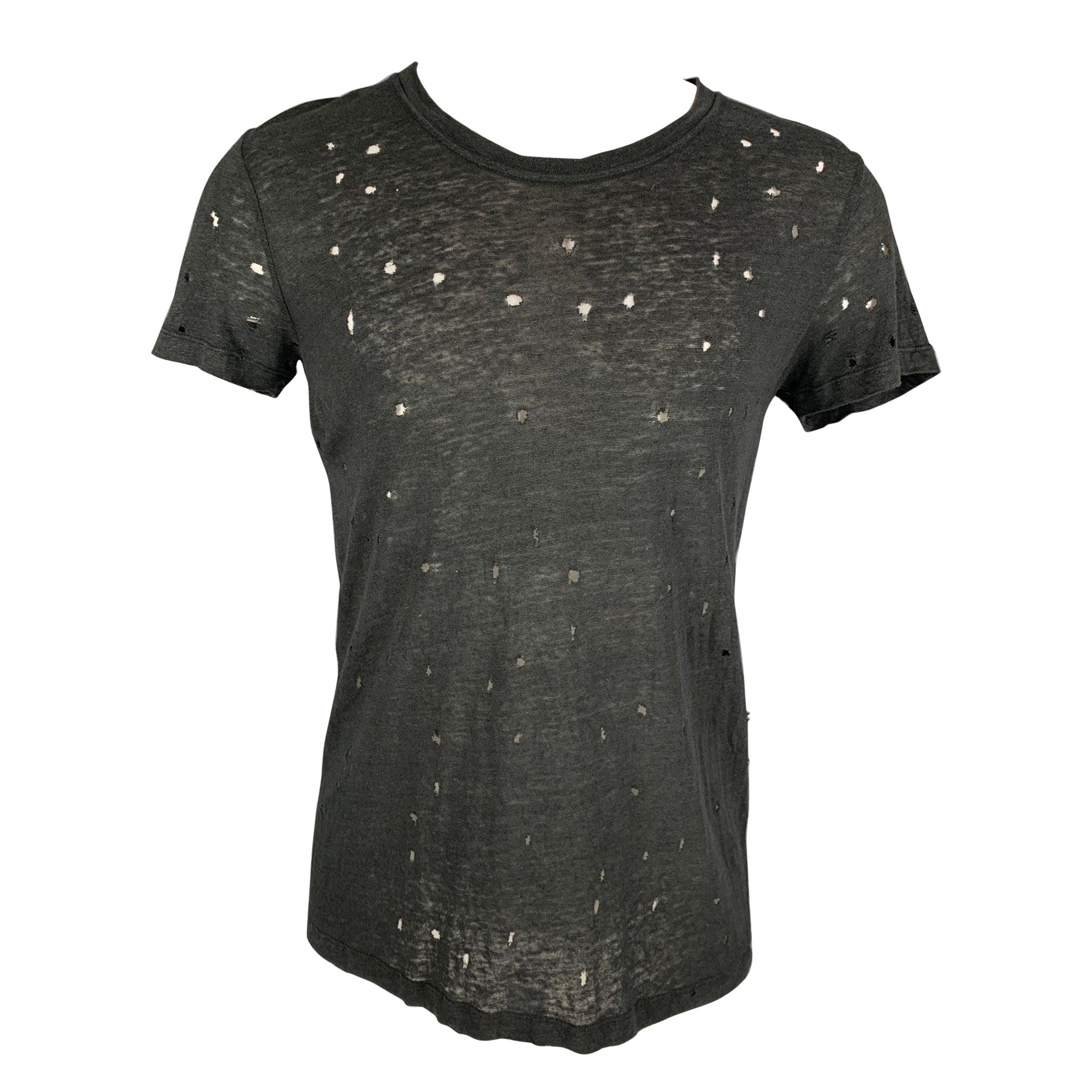 IRO Camiseta de cuello redondo de lino negro apenado talla XS