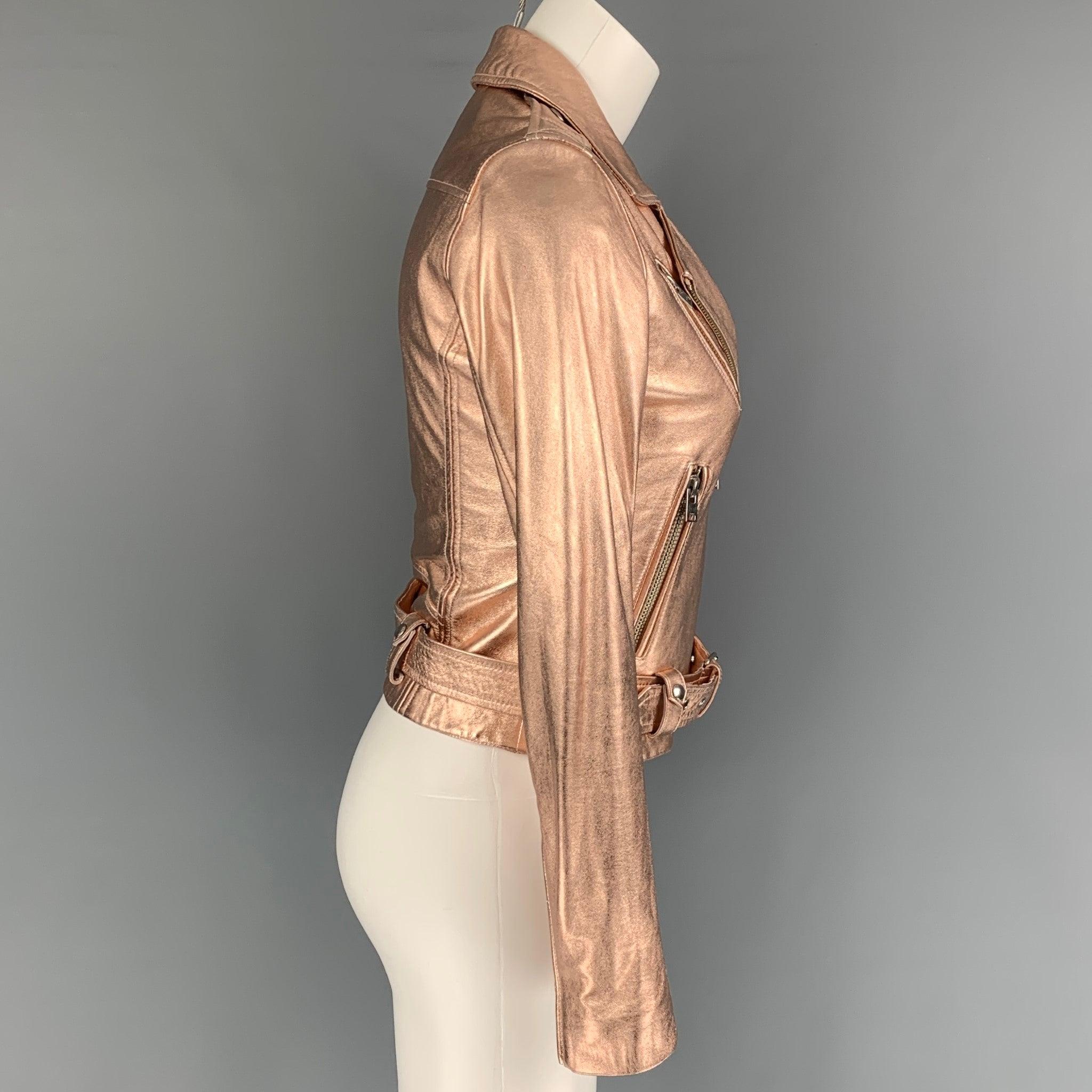 IRO jacket comes in a gold metallic leather featuring a biker style, zipper pockets, silver tone hardware, zipped cuffs, epaulettes, and a zip up closure.
Very Good
Pre-Owned Condition. 

Marked:   36 

Measurements: 
 
Shoulder: 14 inches  Bust: 30