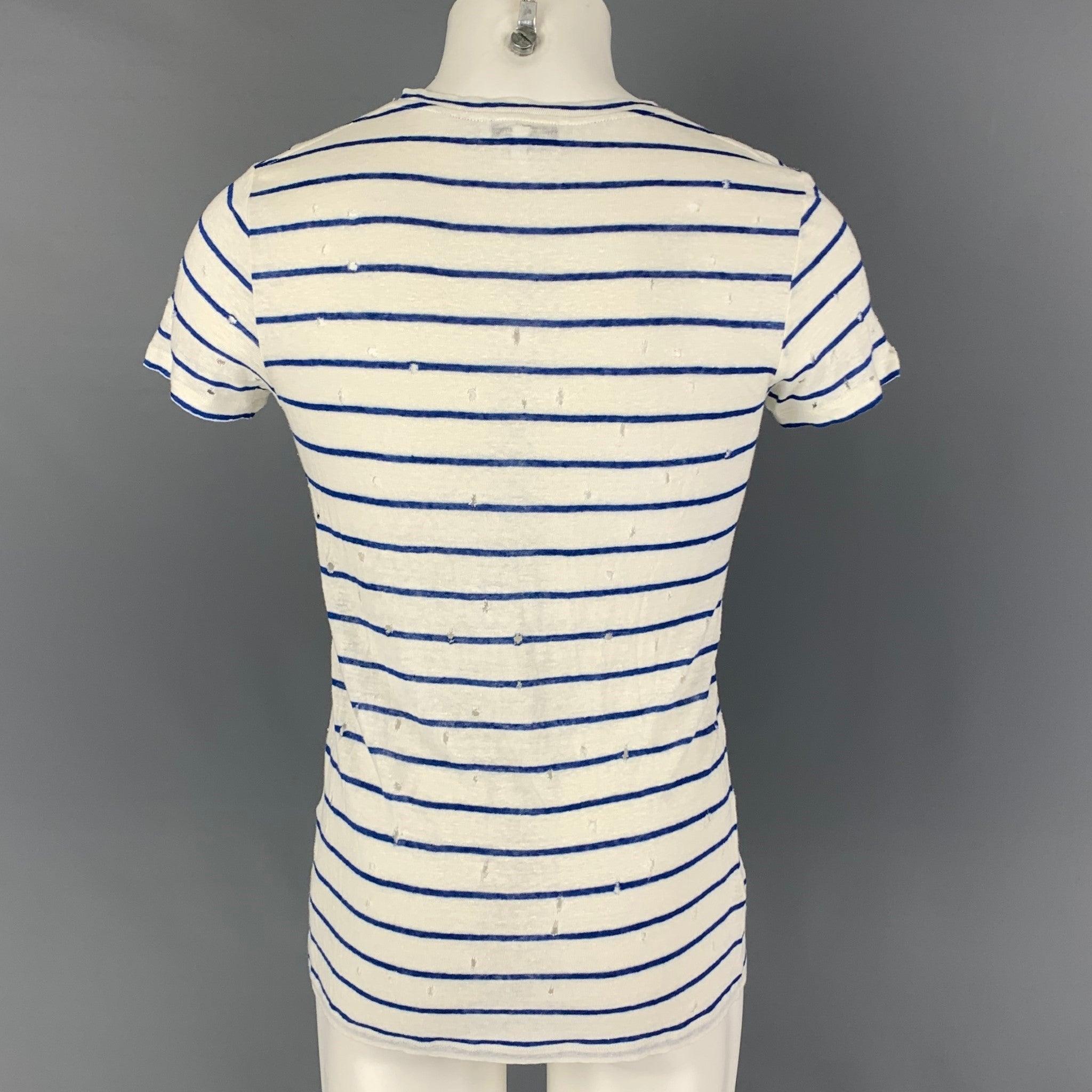 IRO Size XS White Blue Stripe Linen Crew-Neck Mina T-shirt In Good Condition For Sale In San Francisco, CA