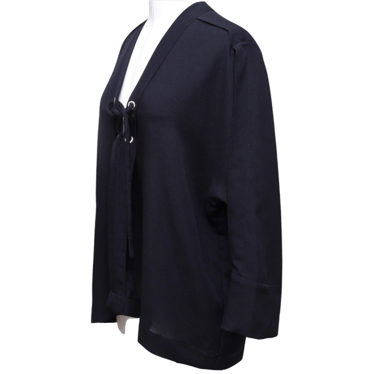 Black IRO Tunic Blouse Shirt Navy Blue Silk Sheer Lace-Up 3/4 Sleeve 40 For Sale