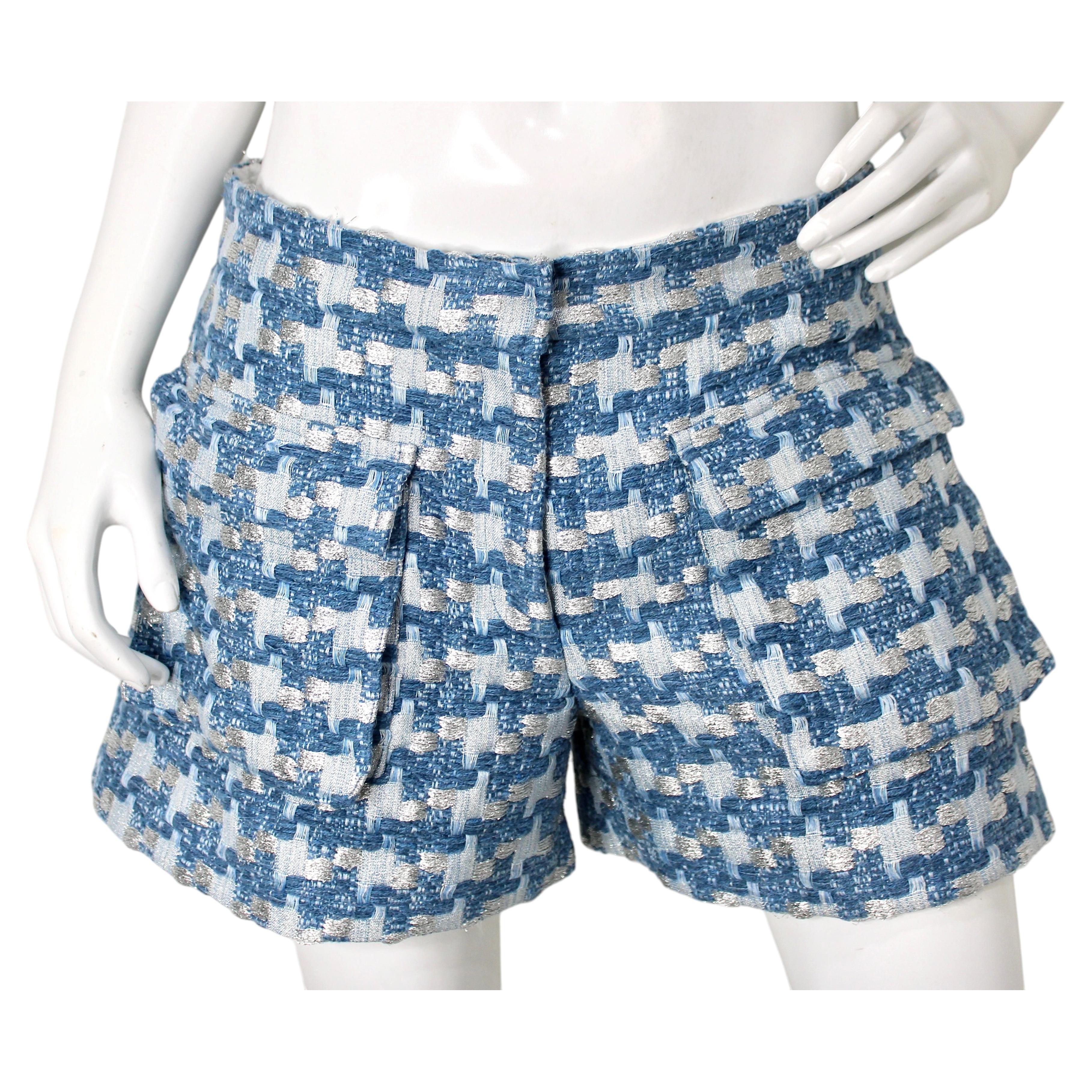 IRO Tyana Blue & Silver Metallic Houndstooth Tweed Shorts