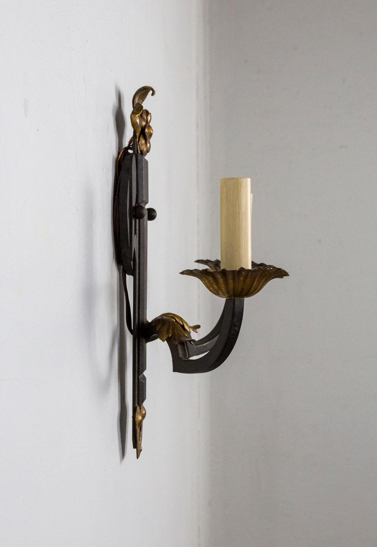 Iron 2-Arm Sconces w/ Gilt Floral Details by Paul Ferrante (Pair)   In Good Condition For Sale In San Francisco, CA