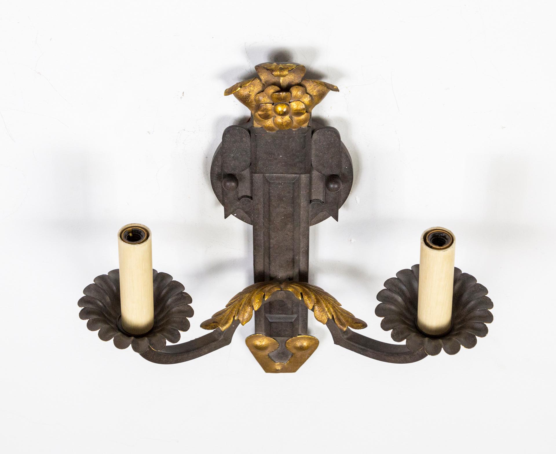 Wrought Iron Iron 2-Arm Sconces w/ Gilt Floral Details by Paul Ferrante (Pair)   For Sale