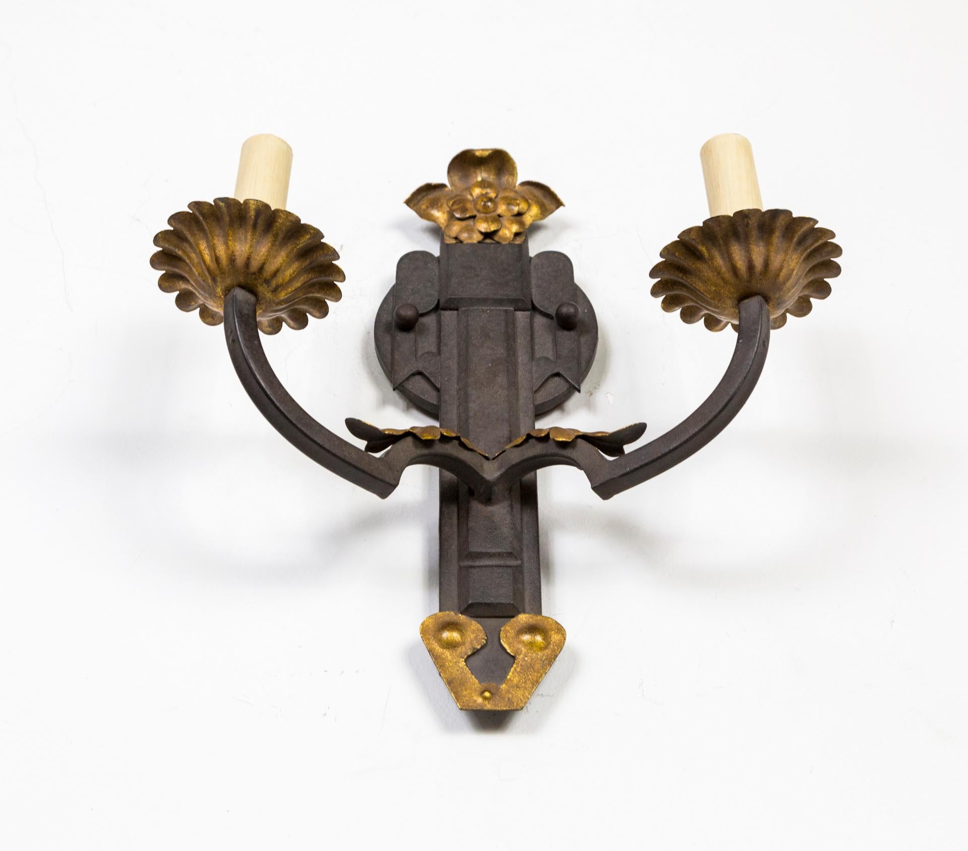 Iron 2-Arm Sconces w/ Gilt Floral Details by Paul Ferrante (Pair)   For Sale 1