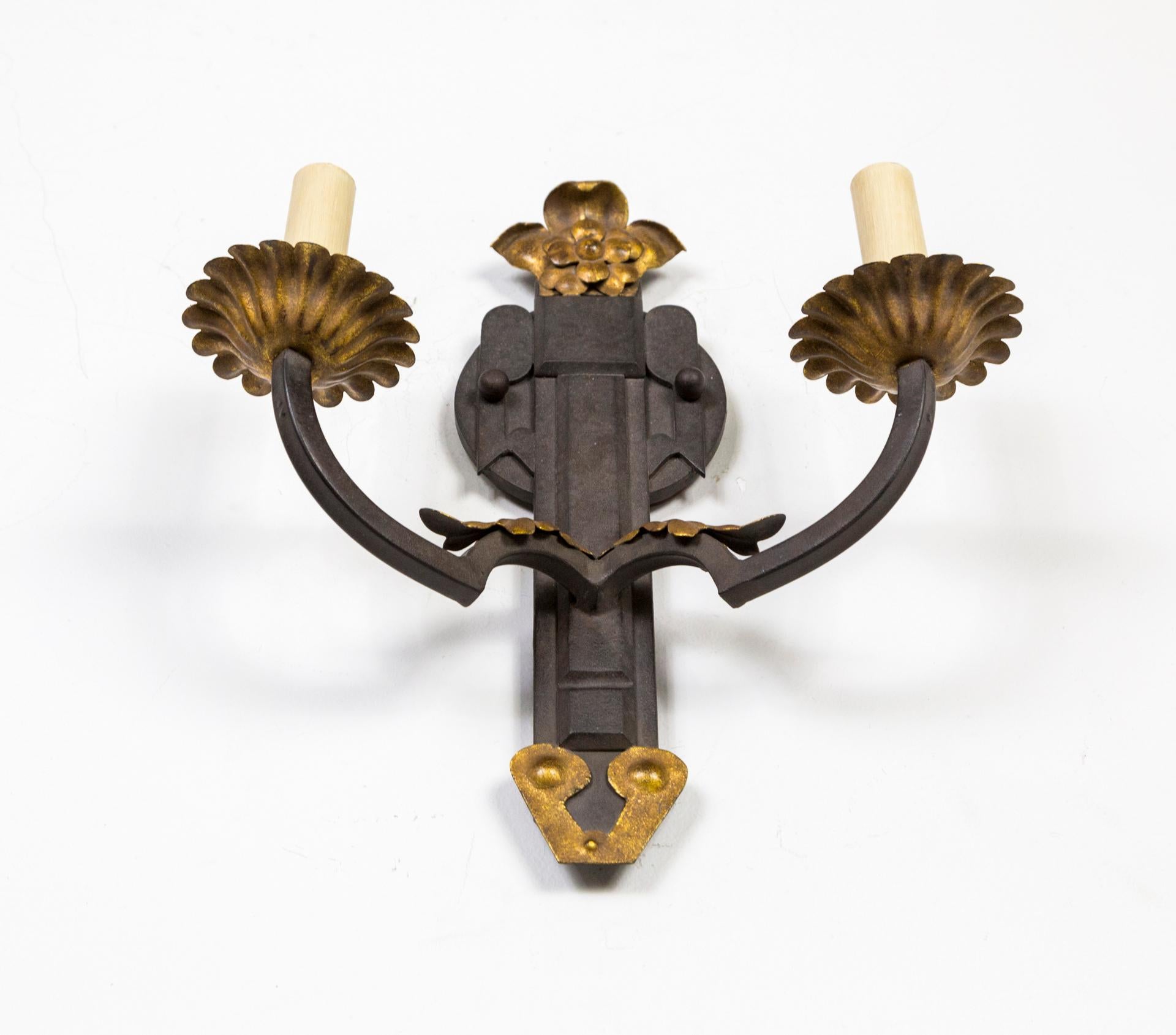 Iron 2-Arm Sconces w/ Gilt Floral Details by Paul Ferrante (Pair) 1
