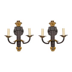 Iron 2-Arm Sconces w/ Gilt Floral Details by Paul Ferrante (Pair)