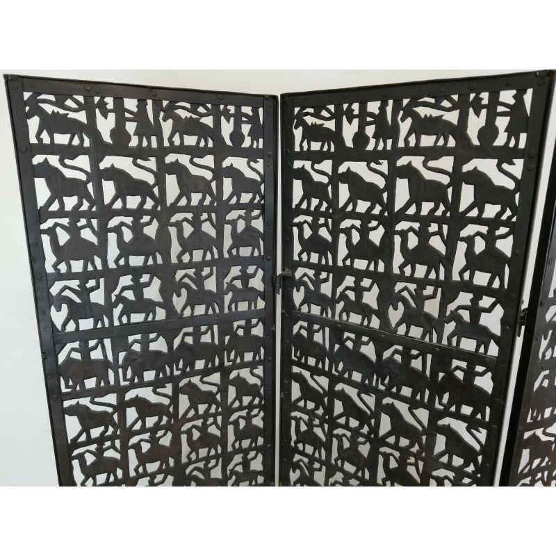 3 Panel wrought iron metal African Animals horses Camels Lions Elephants... Safari room divider screen heavy welded by Z Gallerie

Approximate measurements in inches
66