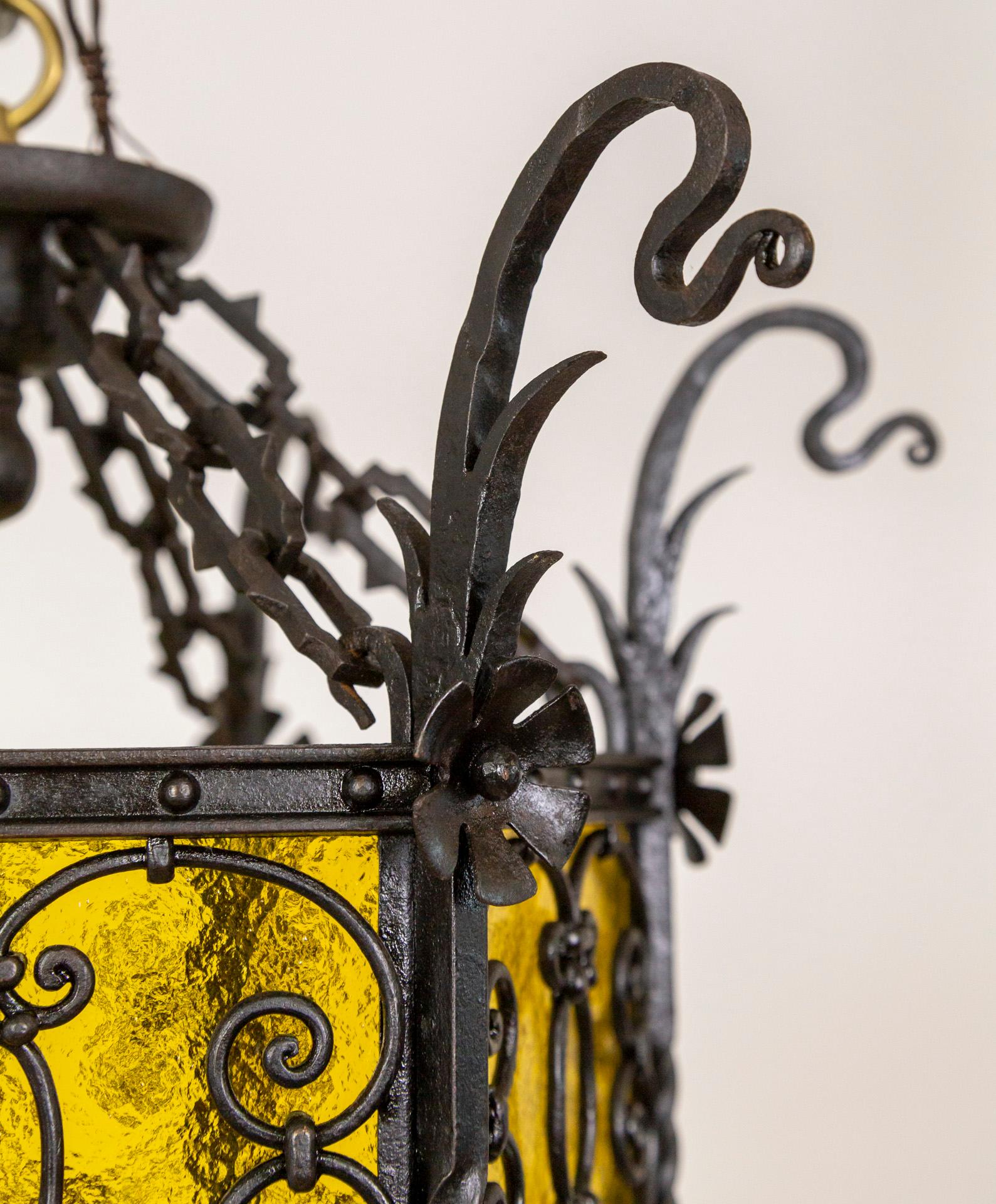 Iron & Amber Yellow Glass Gothic Art Nouveau Lantern For Sale 5