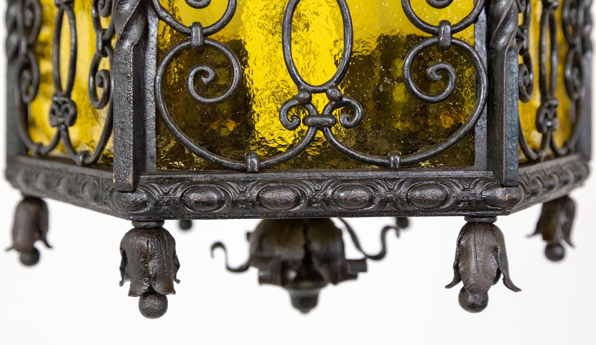 Iron & Amber Yellow Glass Gothic Art Nouveau Lantern For Sale 6