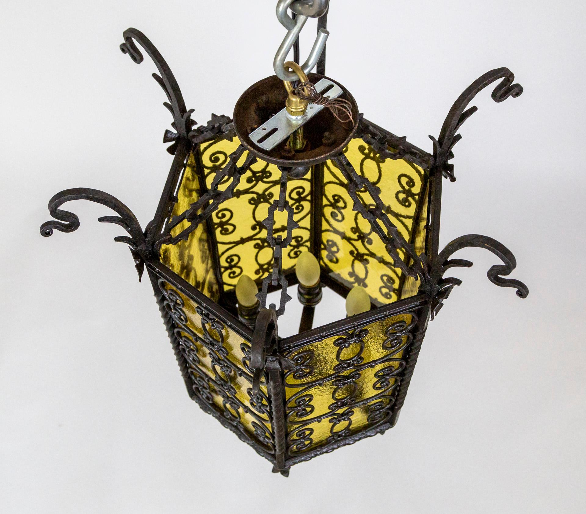 Iron & Amber Yellow Glass Gothic Art Nouveau Lantern For Sale 8