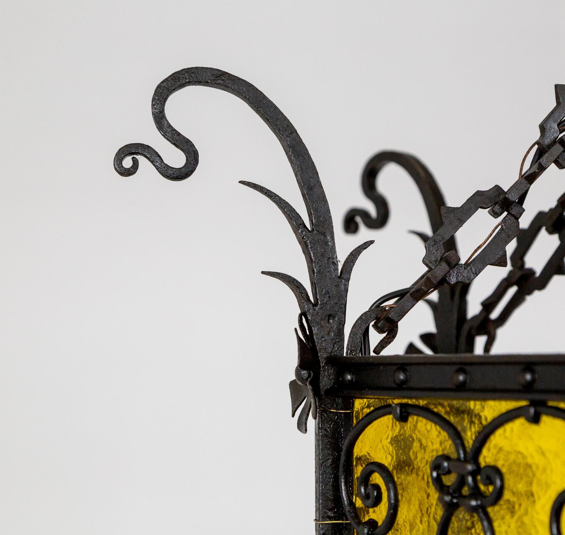 Iron & Amber Yellow Glass Gothic Art Nouveau Lantern For Sale 9
