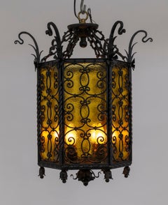 Iron & Amber Yellow Glass Gothic Art Nouveau Lantern