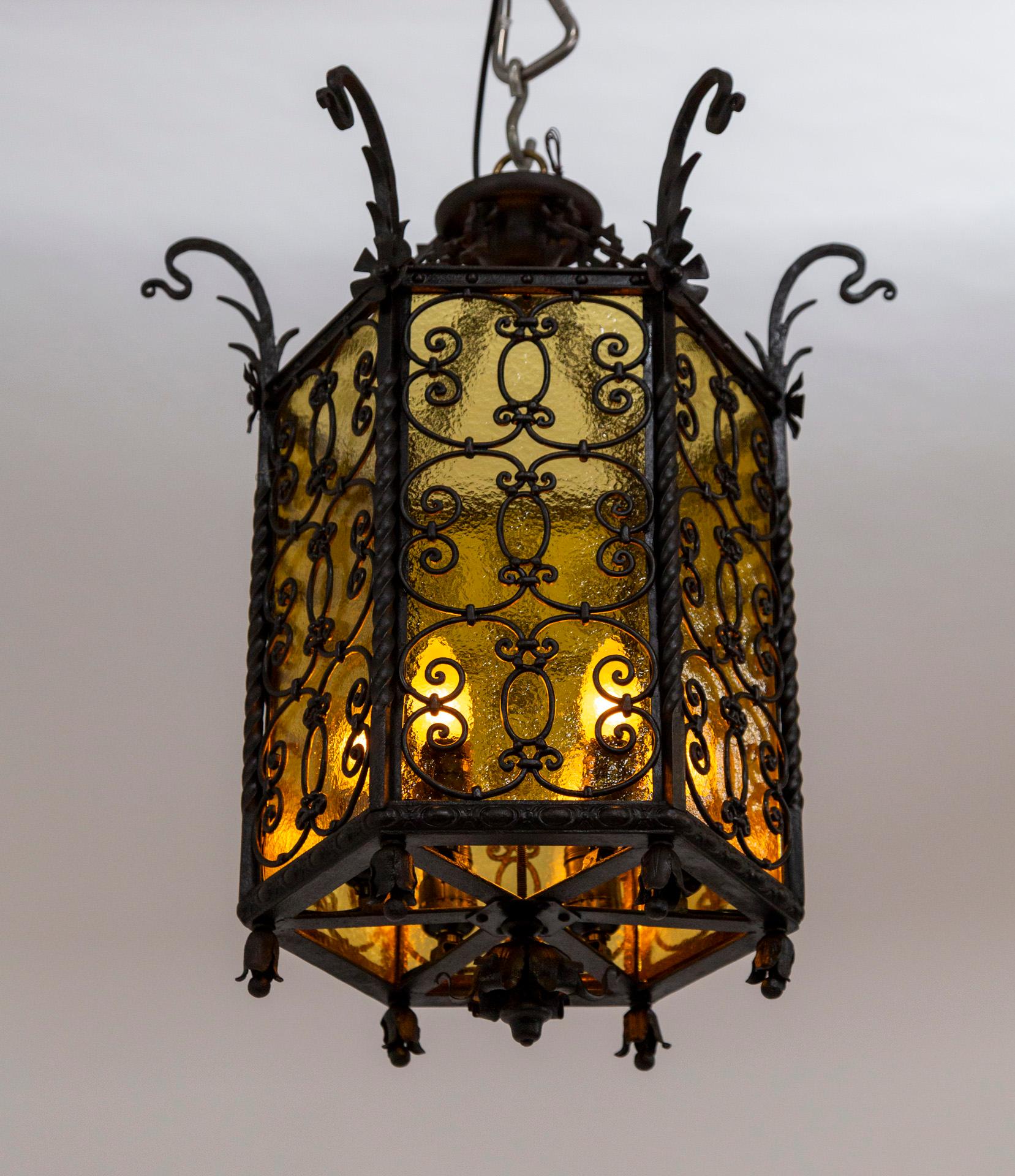 Iron & Amber Yellow Glass Gothic Art Nouveau Lantern In Good Condition For Sale In San Francisco, CA