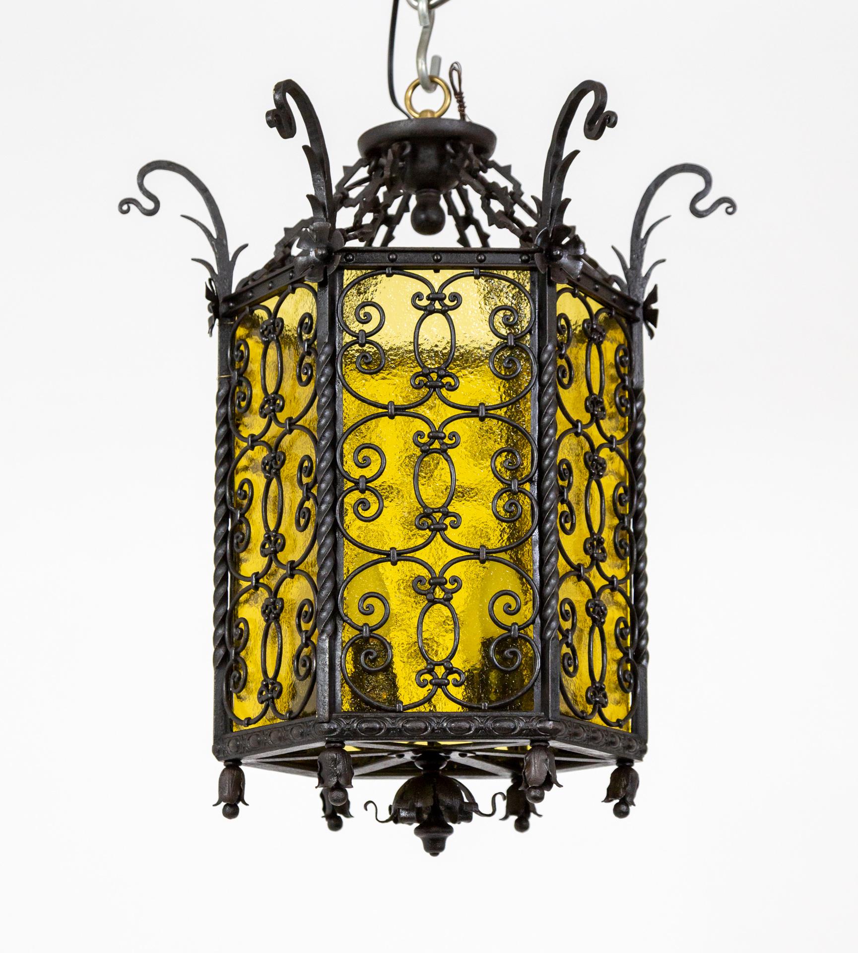Early 20th Century Iron & Amber Yellow Glass Gothic Art Nouveau Lantern For Sale