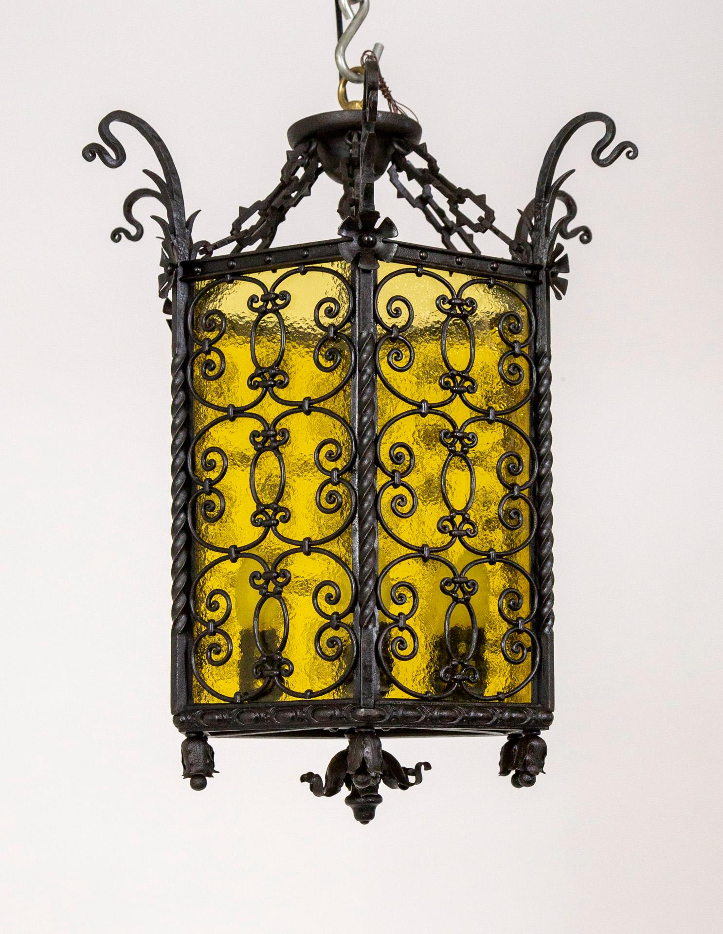 Brass Iron & Amber Yellow Glass Gothic Art Nouveau Lantern For Sale