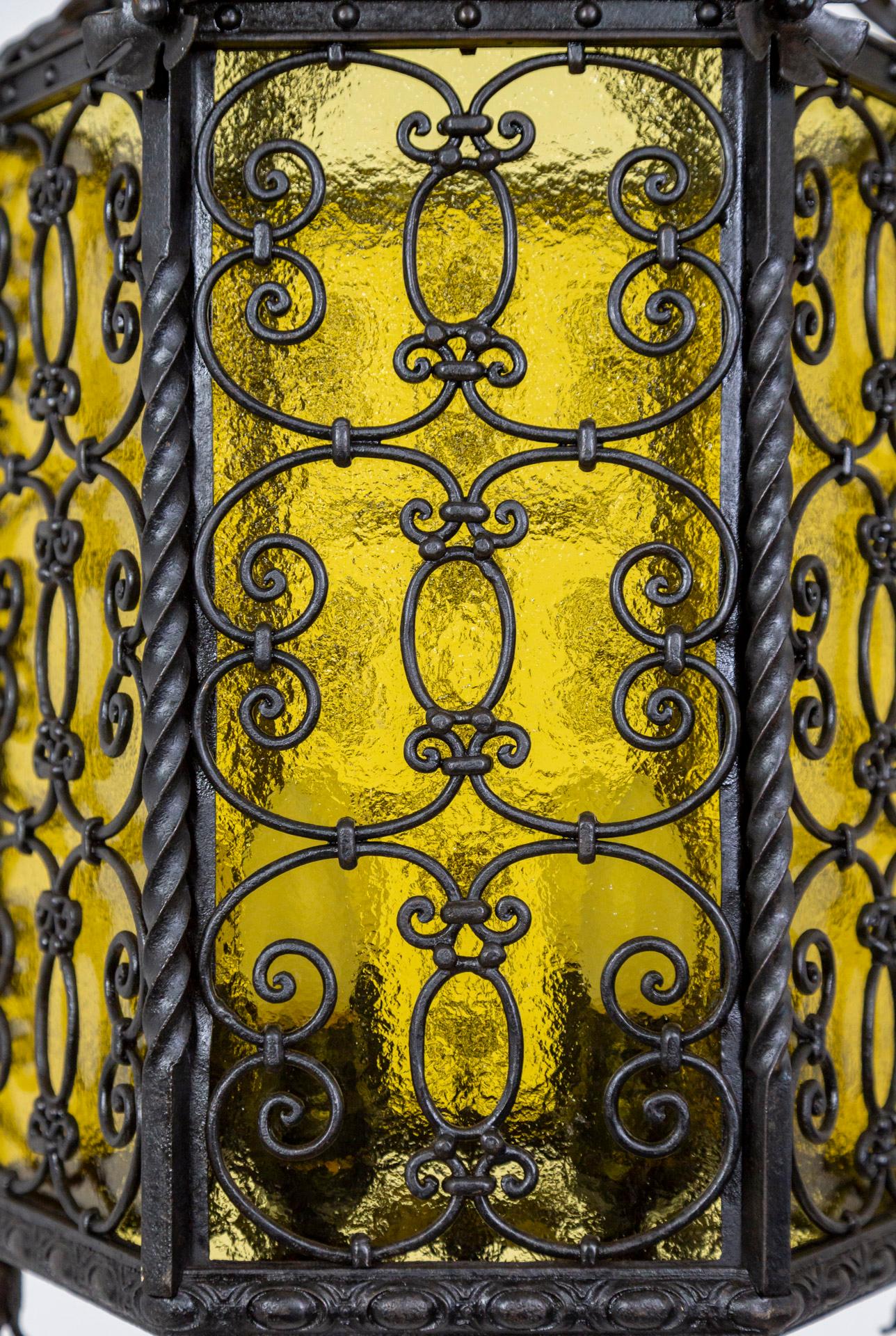 Iron & Amber Yellow Glass Gothic Art Nouveau Lantern For Sale 1