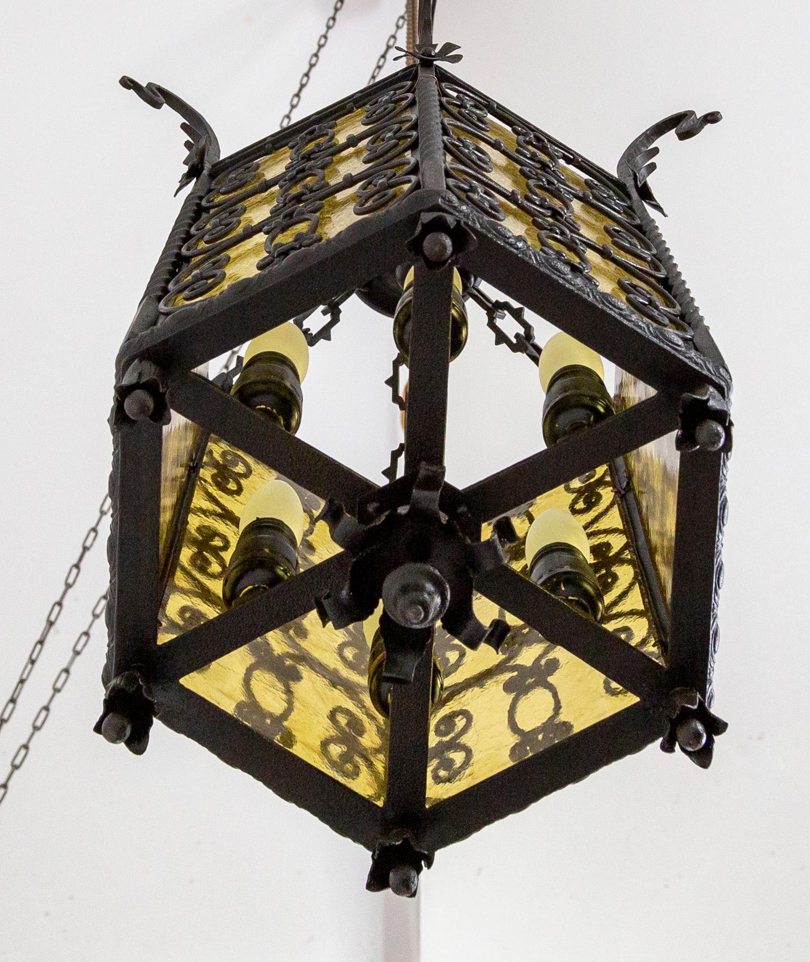 Iron & Amber Yellow Glass Gothic Art Nouveau Lantern For Sale 3