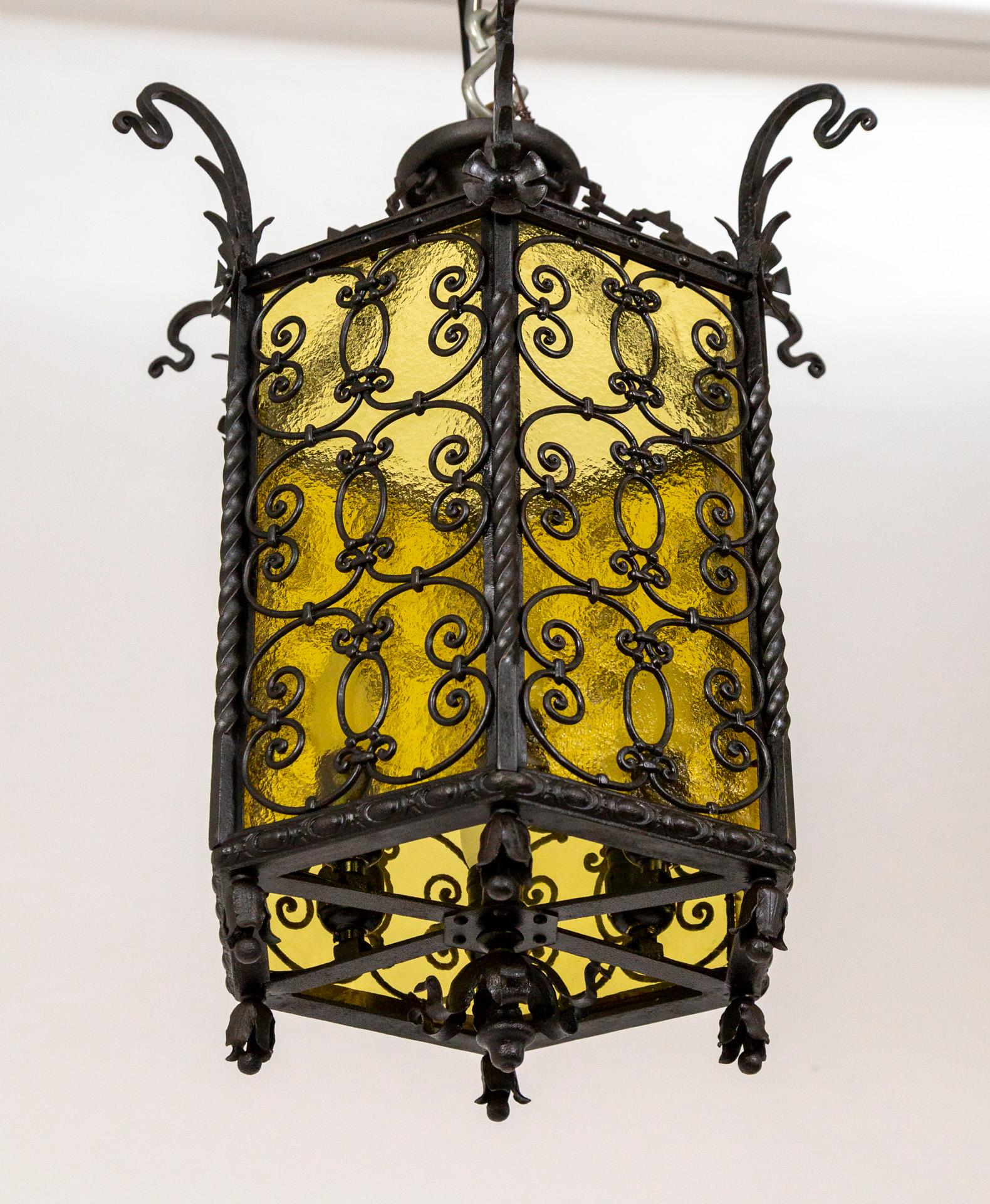 Iron & Amber Yellow Glass Gothic Art Nouveau Lantern For Sale 4
