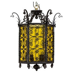 Antique Iron & Amber Yellow Glass Gothic Art Nouveau Lantern