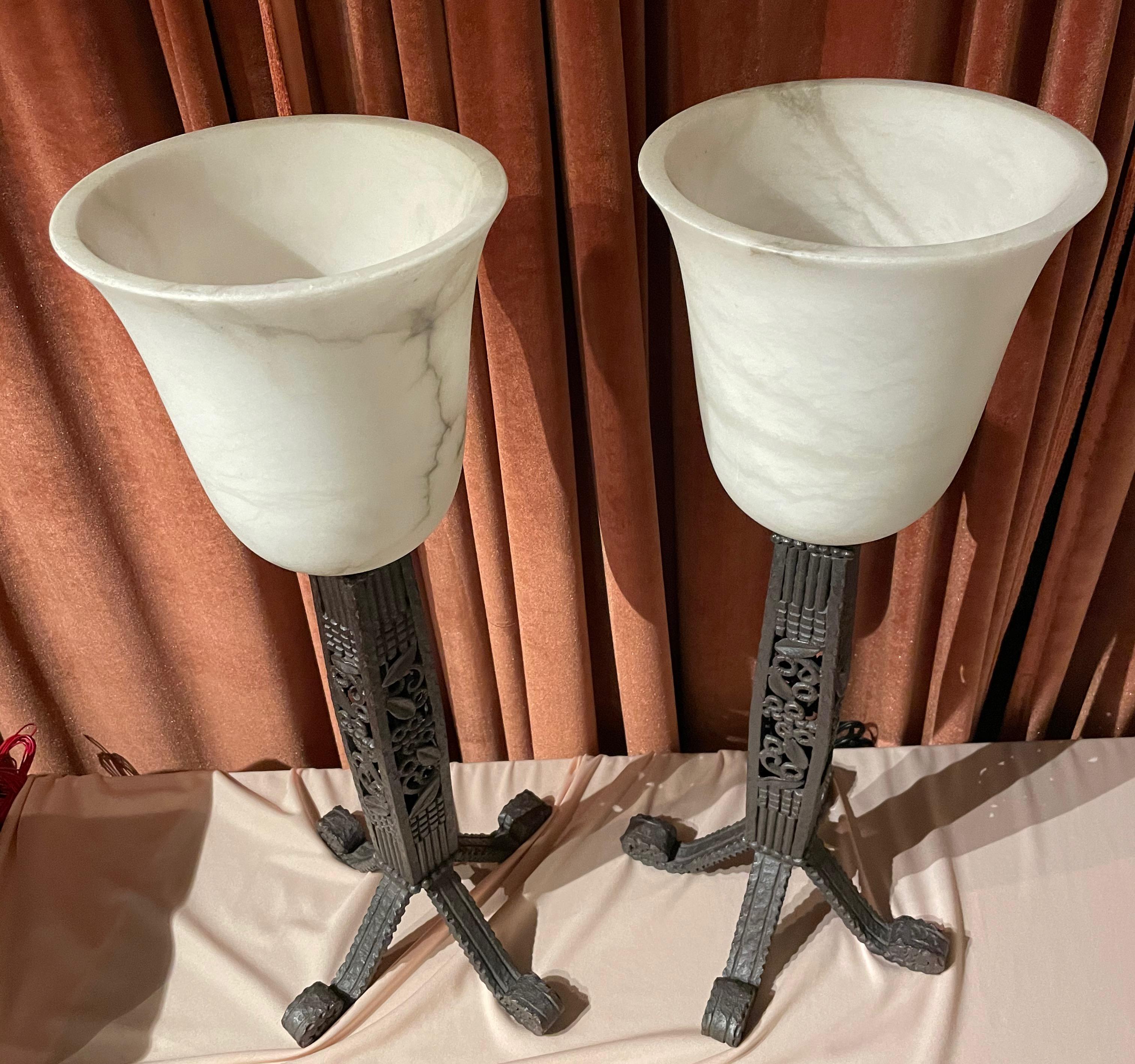 Iron and Alabaster Art Deco Table Lamps Pair 5
