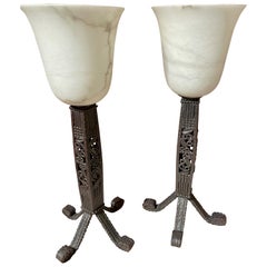 Iron and Alabaster Art Deco Table Lamps Pair