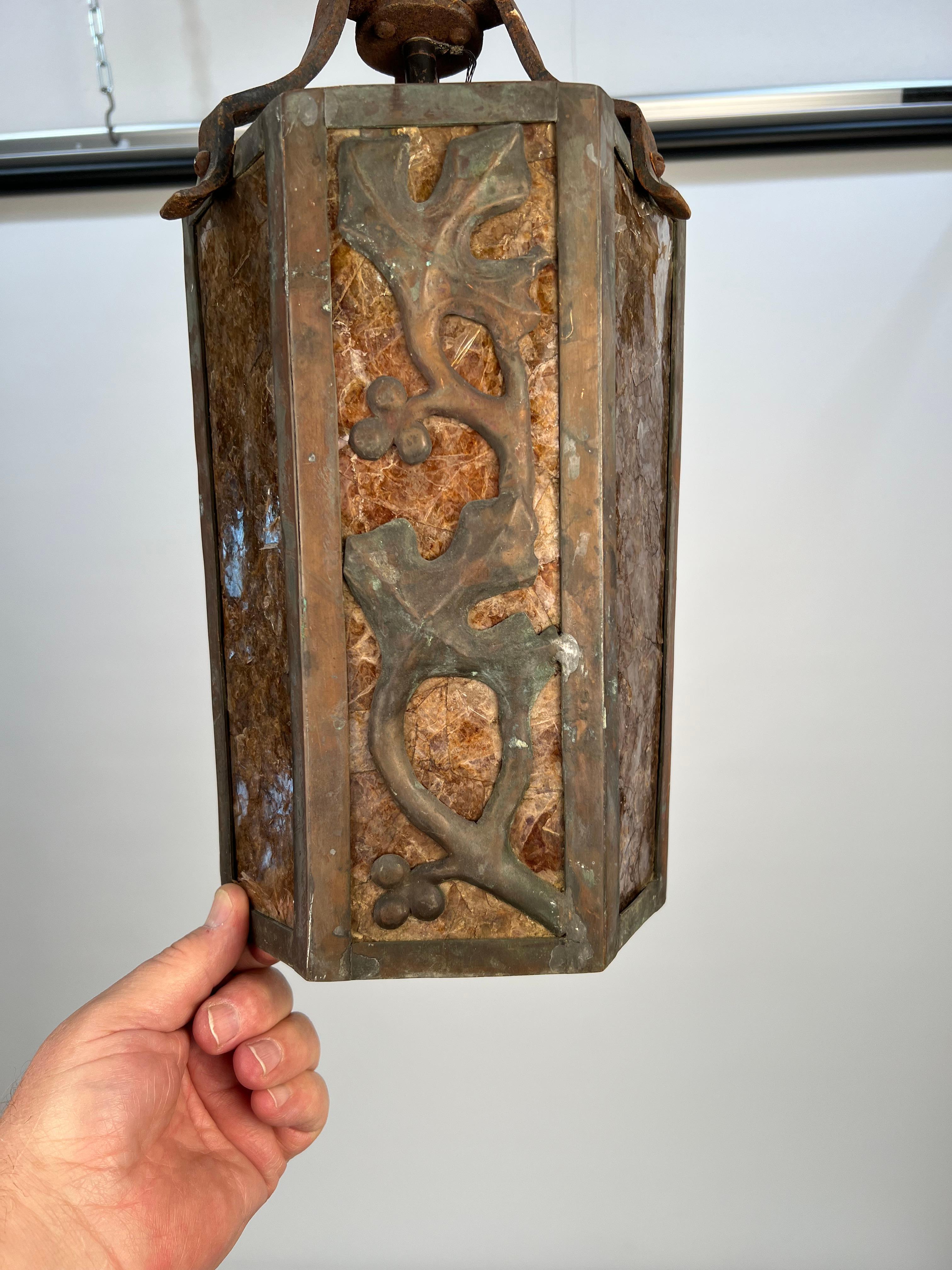 Period Arts & Crafts Iron and Amber Mica Lantern For Sale 5