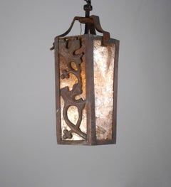 Period Arts & Crafts Iron and Amber Mica Lantern