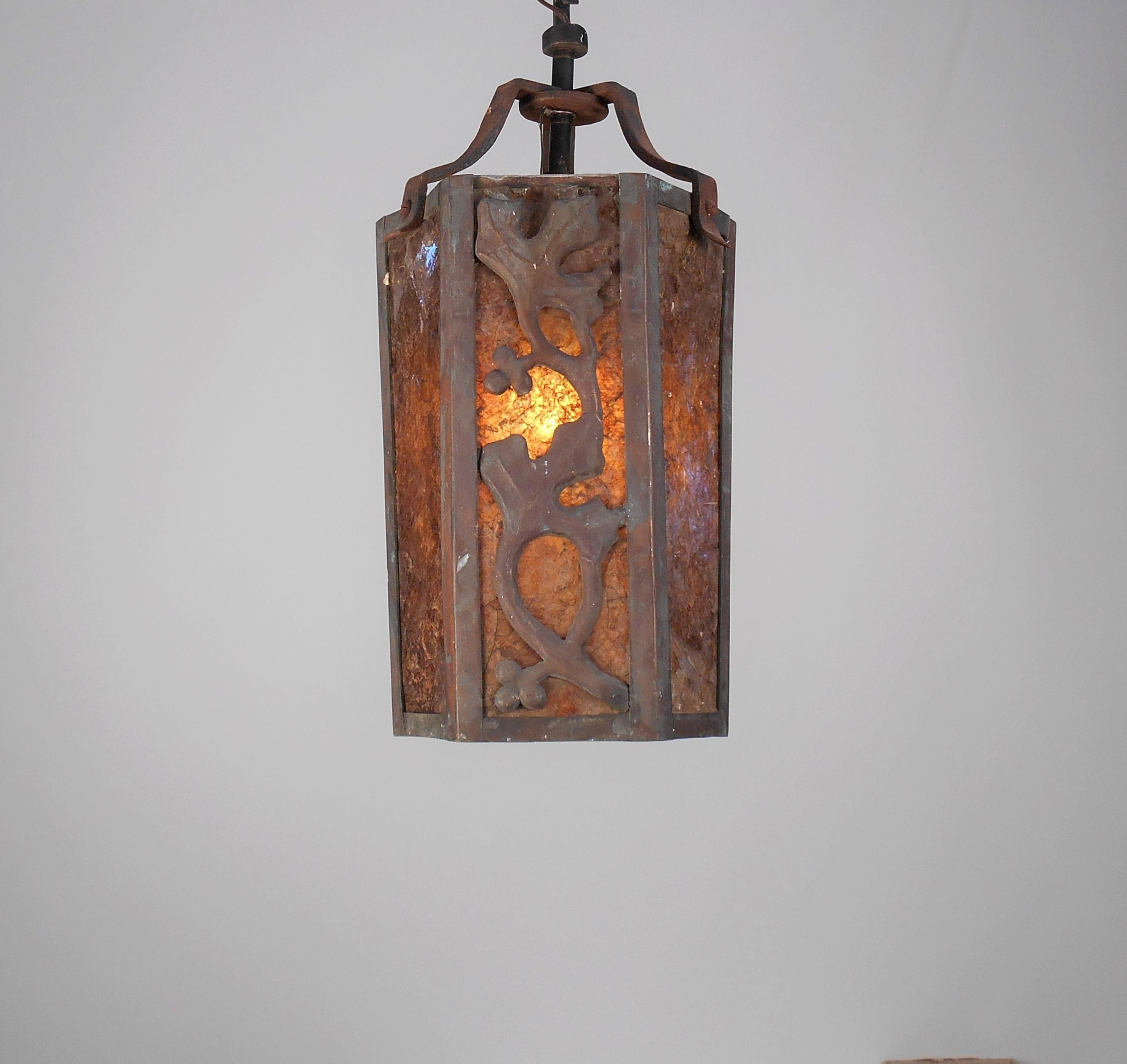 Arts and Crafts Period Arts & Crafts Iron and Amber Mica Lantern For Sale