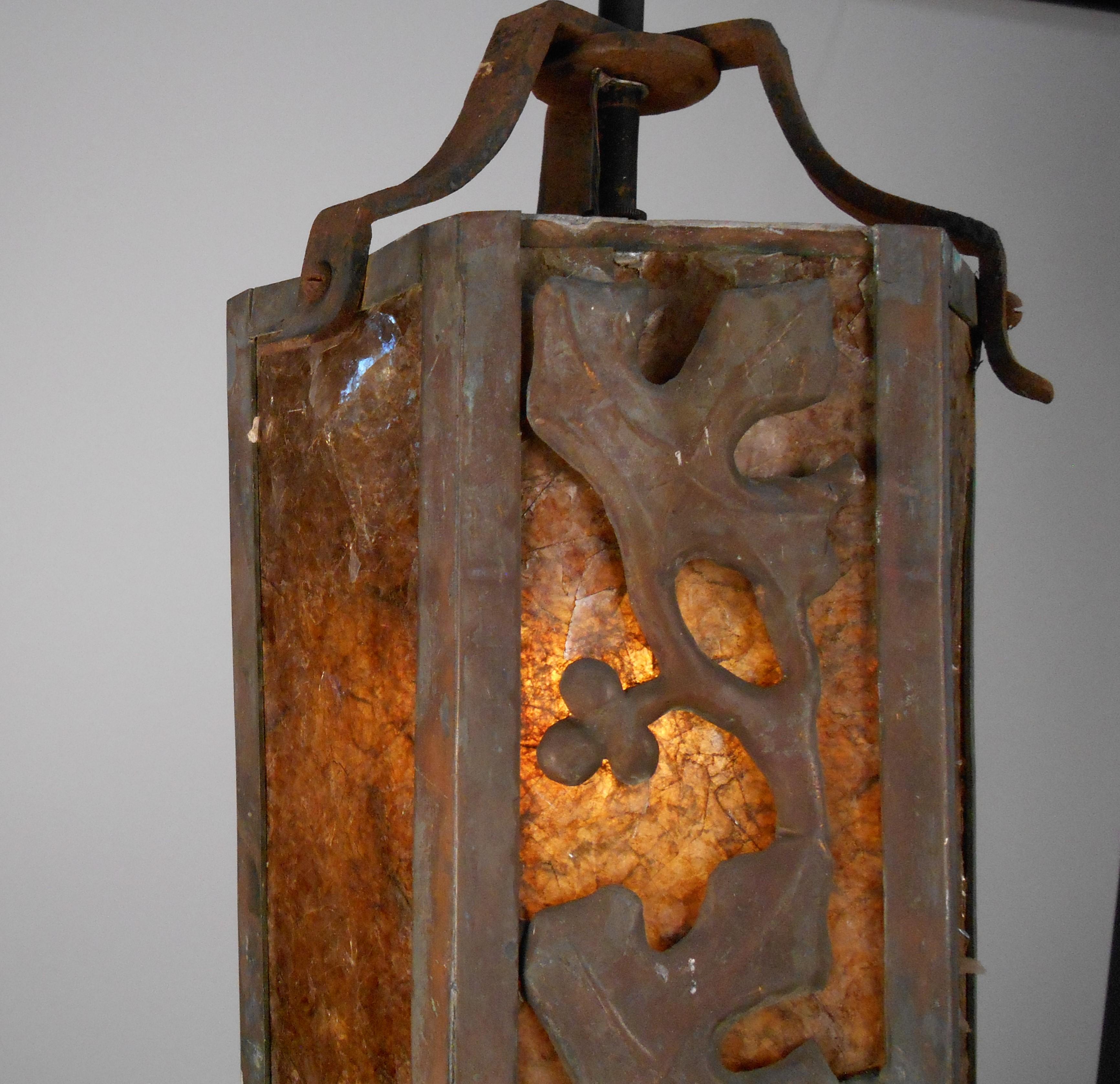Hand-Crafted Period Arts & Crafts Iron and Amber Mica Lantern For Sale