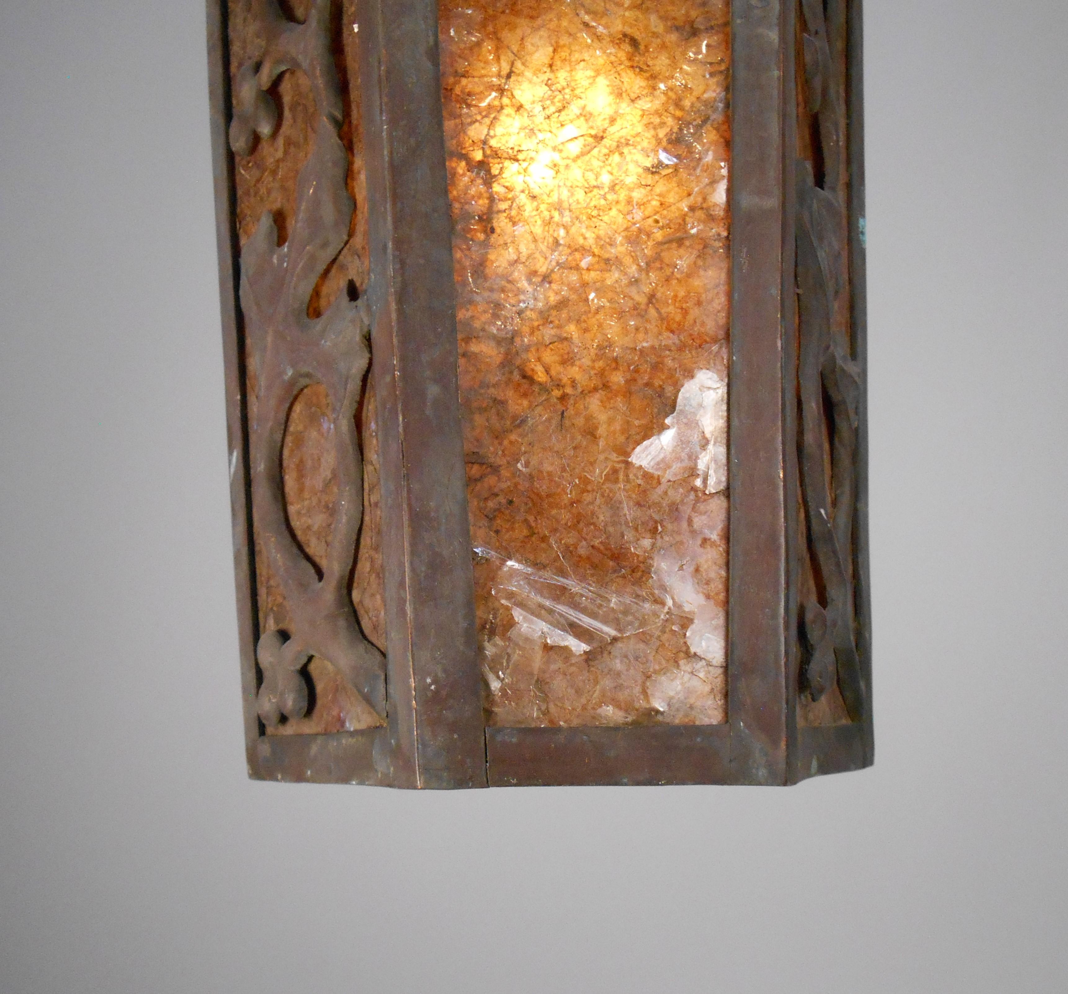 Period Arts & Crafts Iron and Amber Mica Lantern For Sale 1