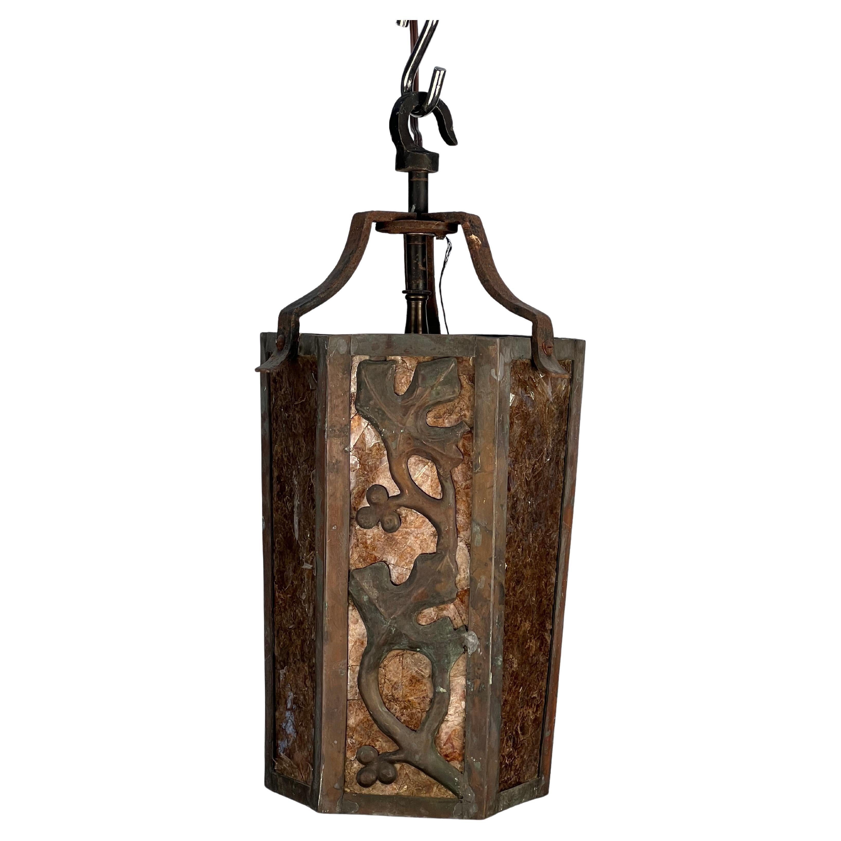 Period Arts & Crafts Iron and Amber Mica Lantern For Sale