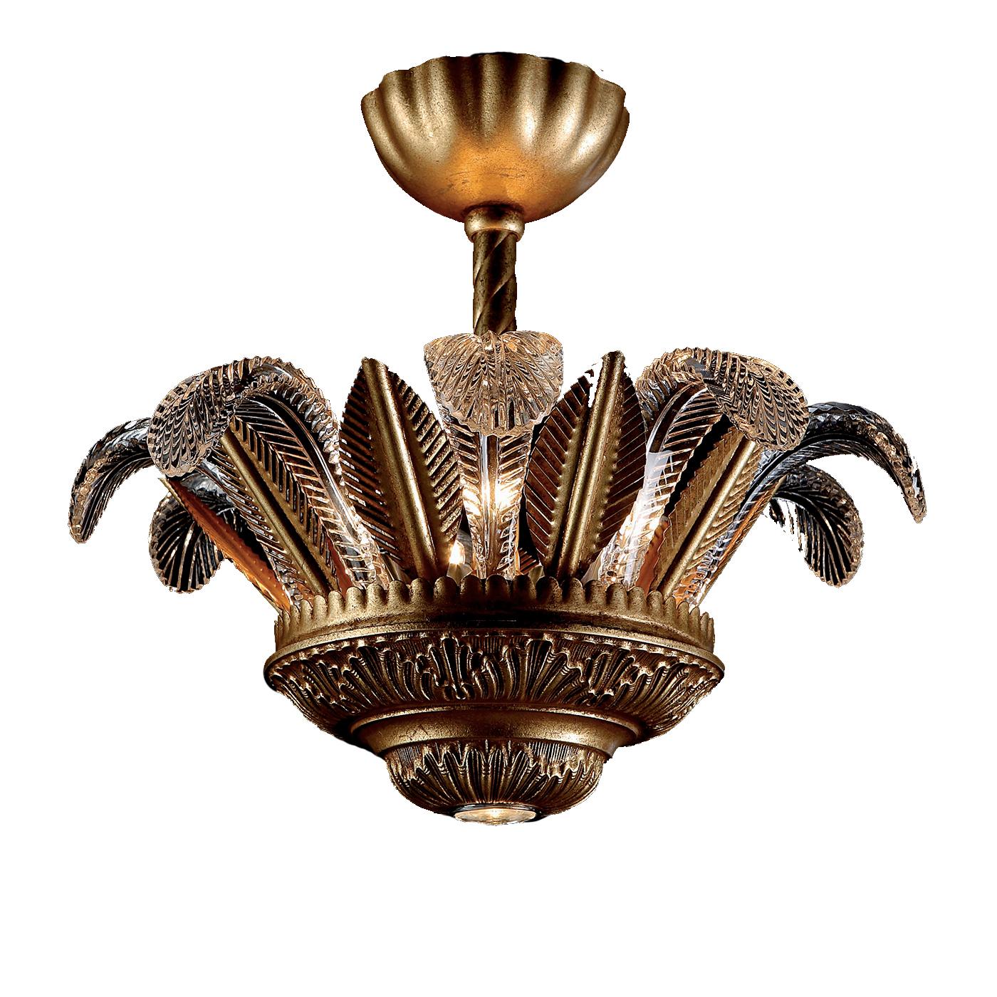 A superb addition to any home, this ceiling lamp is inspired by Art Deco and crafted of hand forged iron and brass. The standout element of this piece is its Bohemian crystal decoration, masterfully-crafted in the shape of leaves that stem from the
