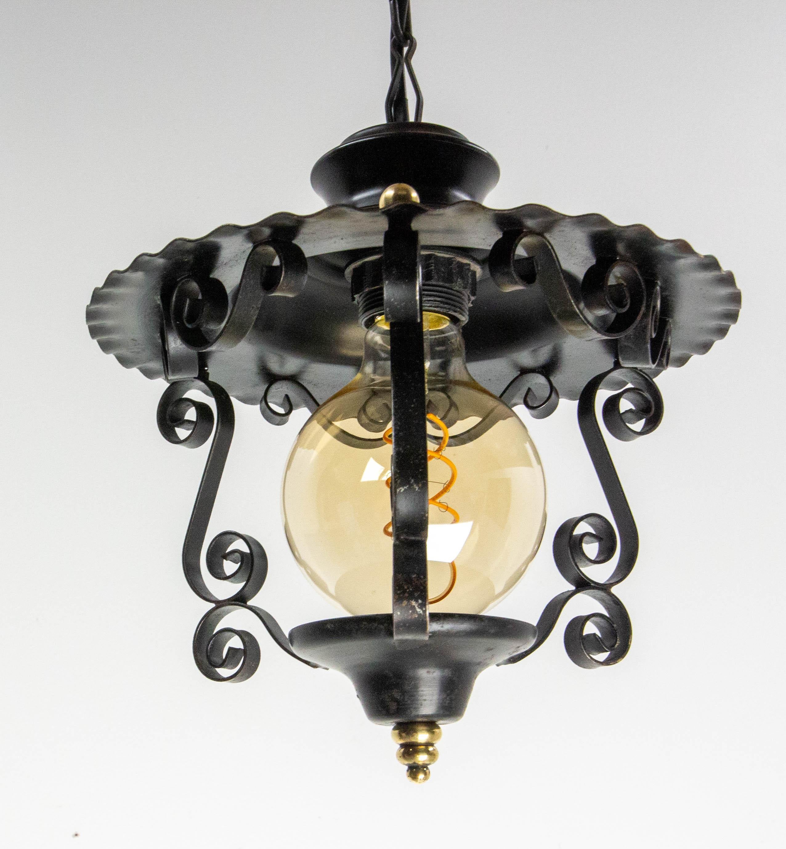 Mid-Century Modern Iron and Brass Ceiling Lamp Lustre French Lantern, circa 1960 For Sale