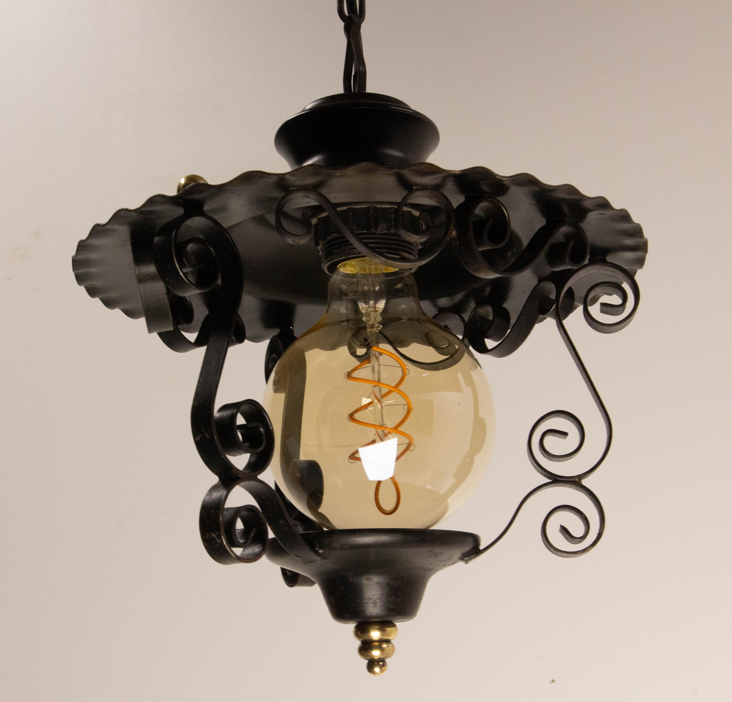 Iron and Brass Ceiling Lamp Lustre French Lantern, circa 1960 In Good Condition For Sale In Labrit, Landes