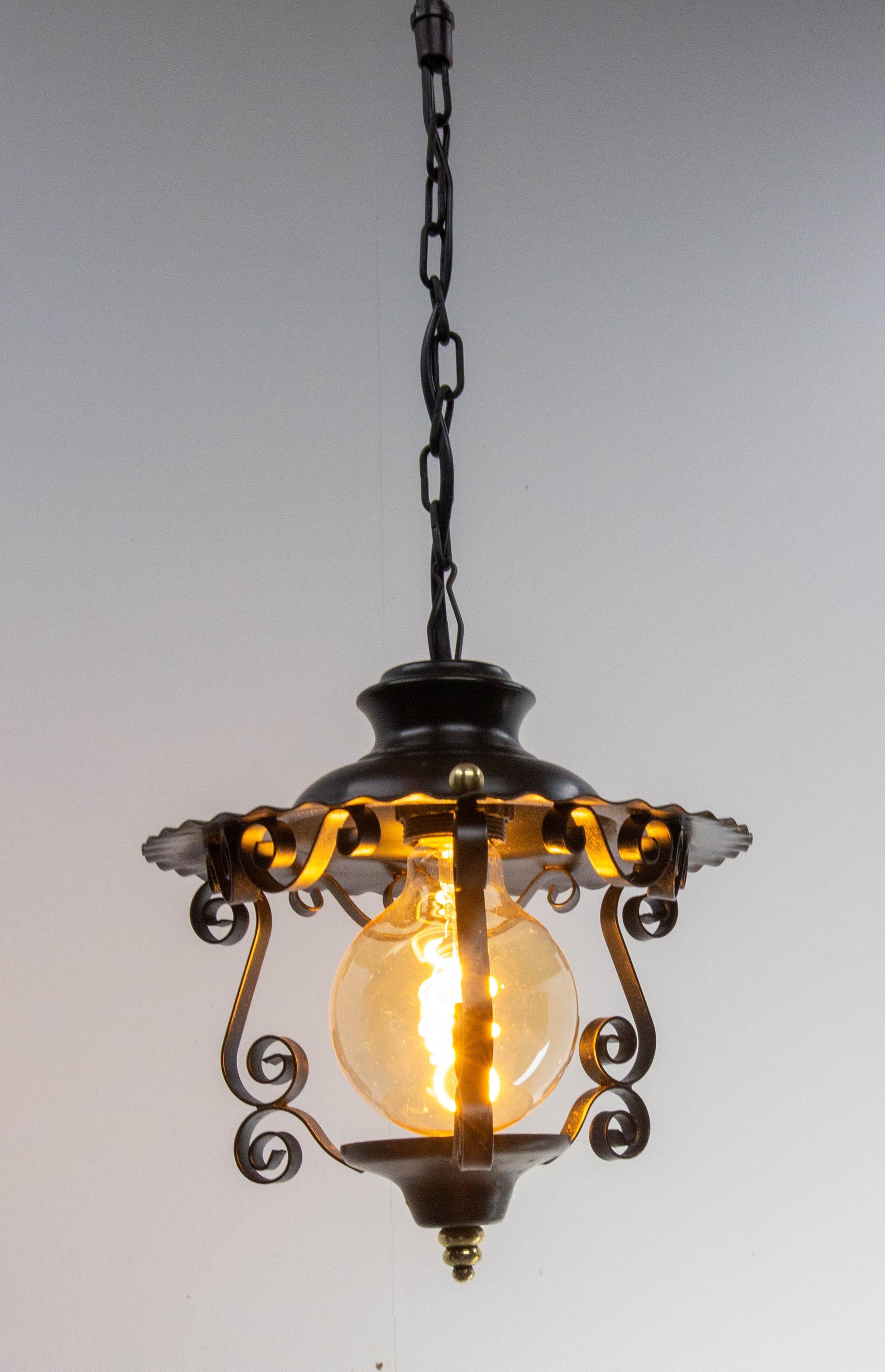 Mid-20th Century Iron and Brass Ceiling Lamp Lustre French Lantern, circa 1960 For Sale