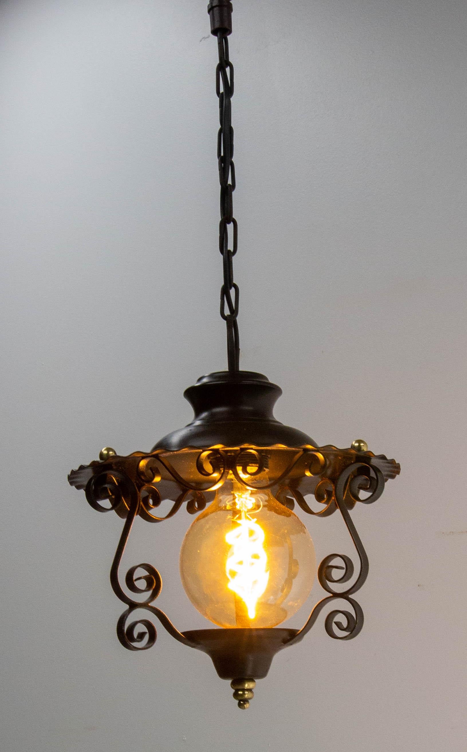 Iron and Brass Ceiling Lamp Lustre French Lantern, circa 1960 For Sale 1